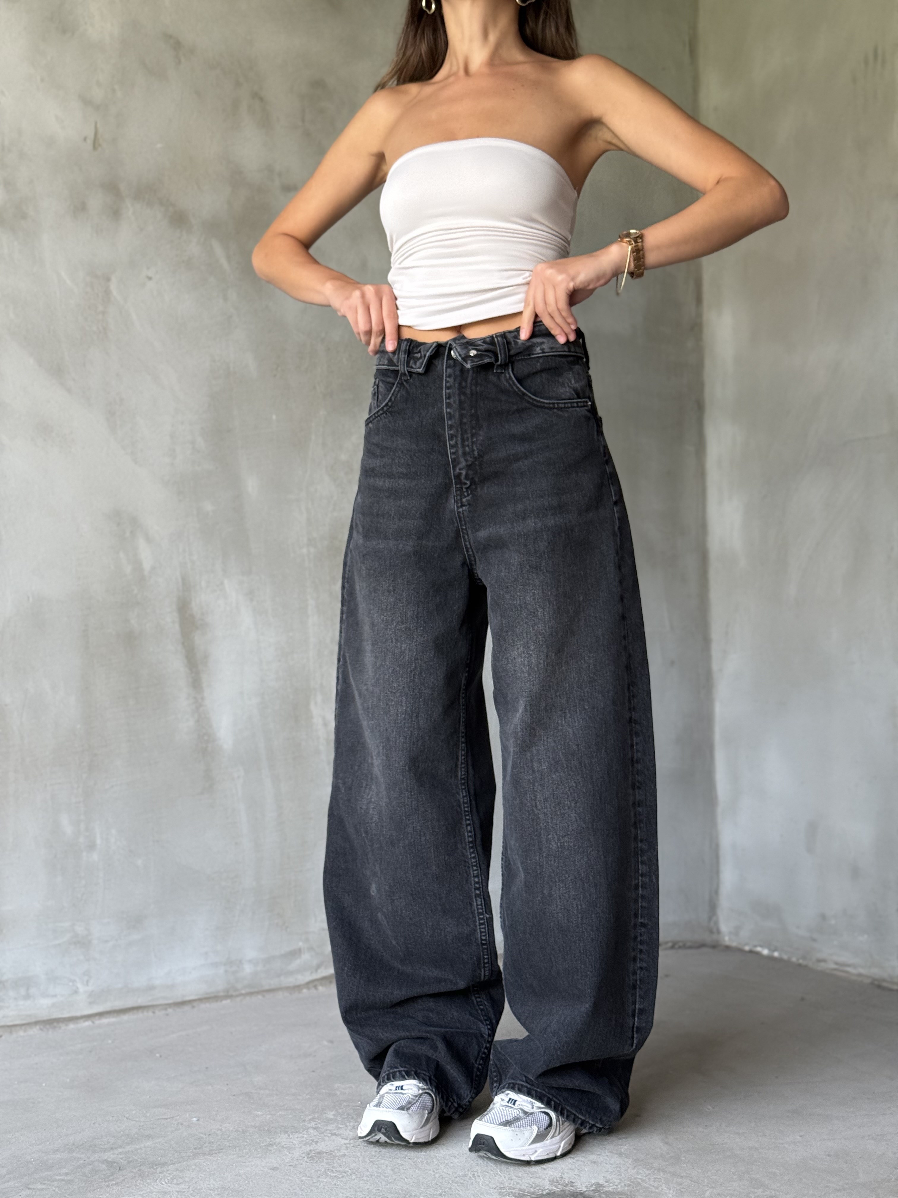 BEL DETAY SİYAH BAGGY JEAN - Dominatrend