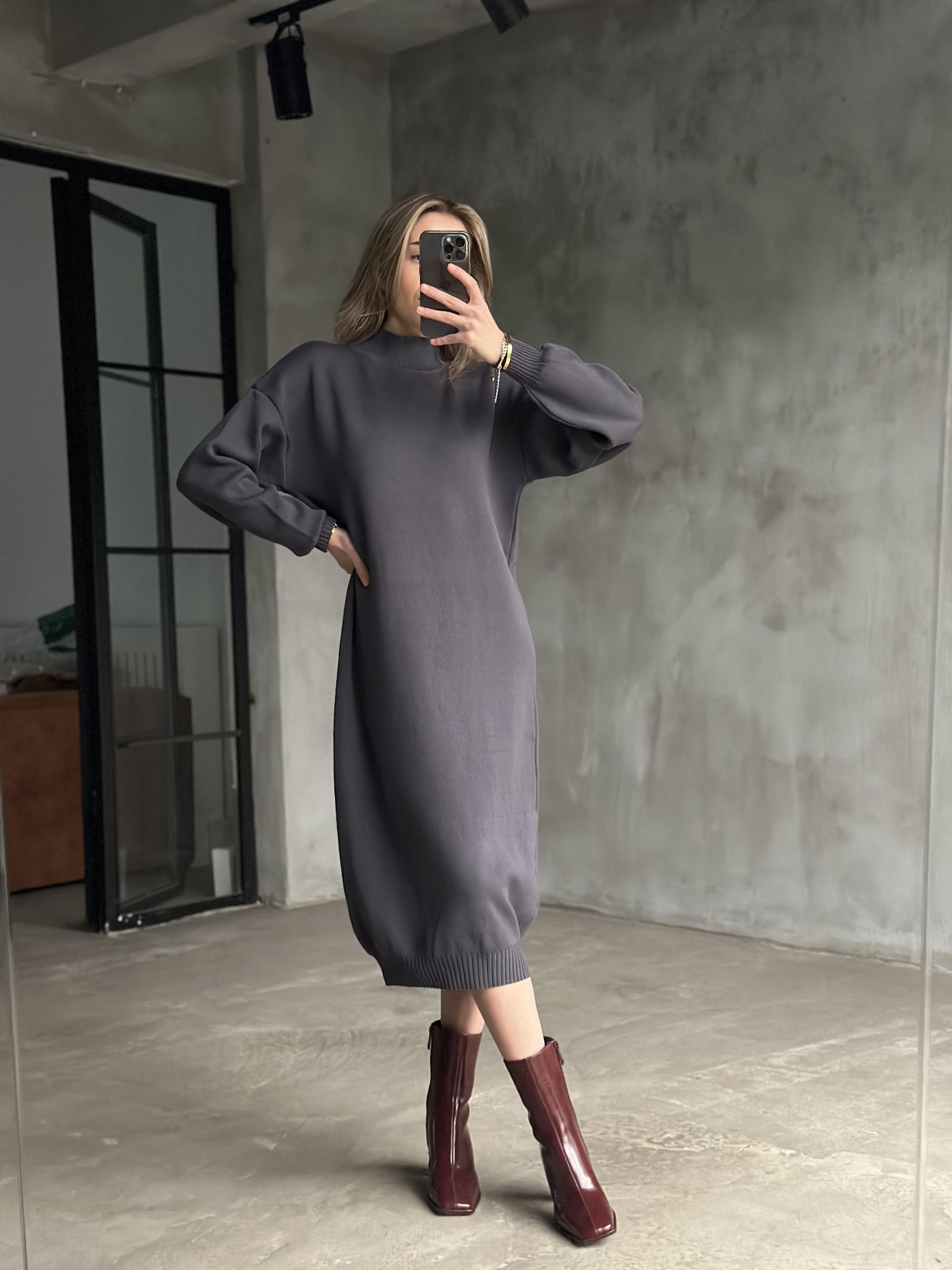 Boğazlı Tunik Elbise - Antrasit - Dominatrend