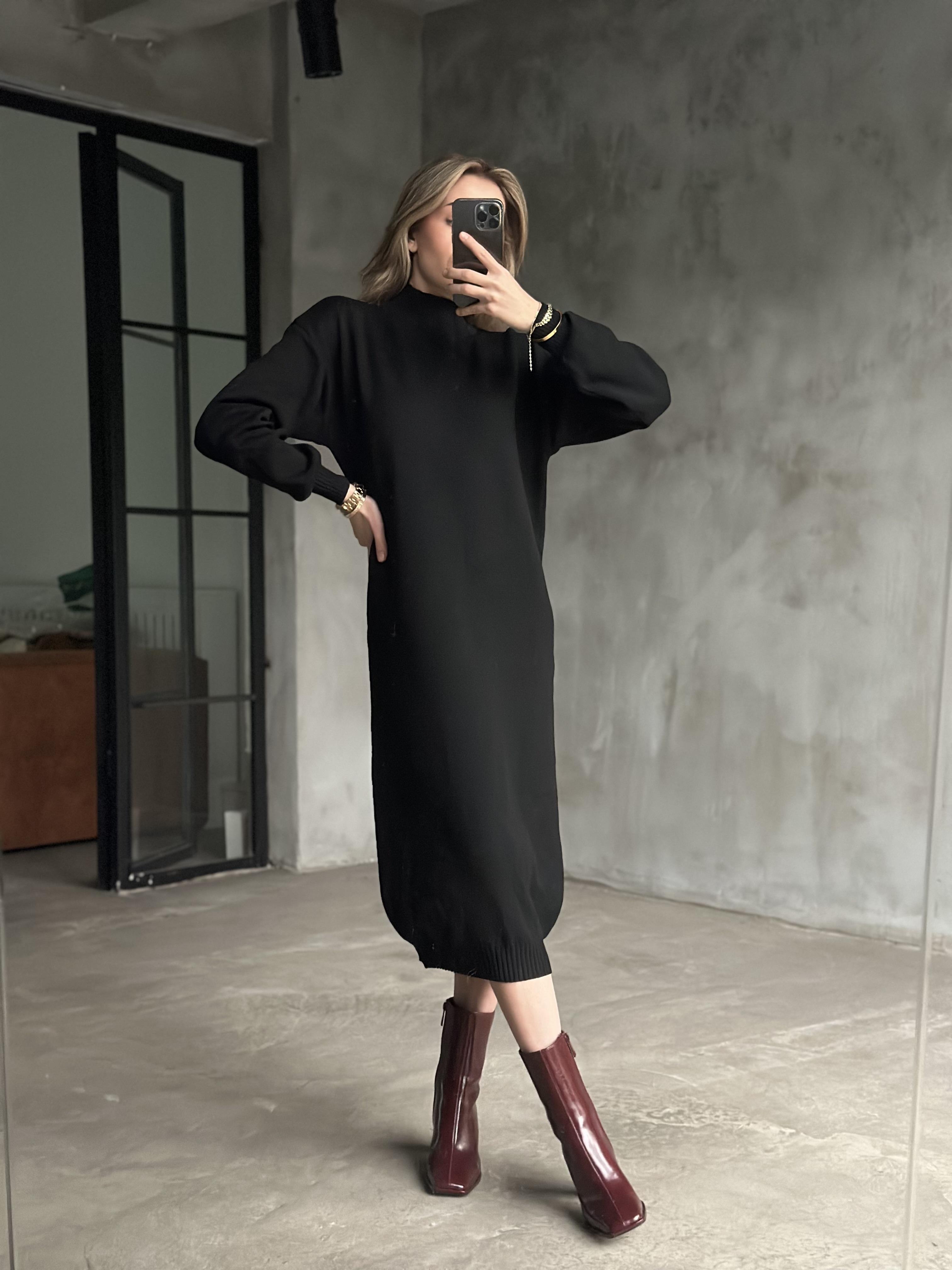 Boğazlı Tunik Elbise - Siyah - Dominatrend