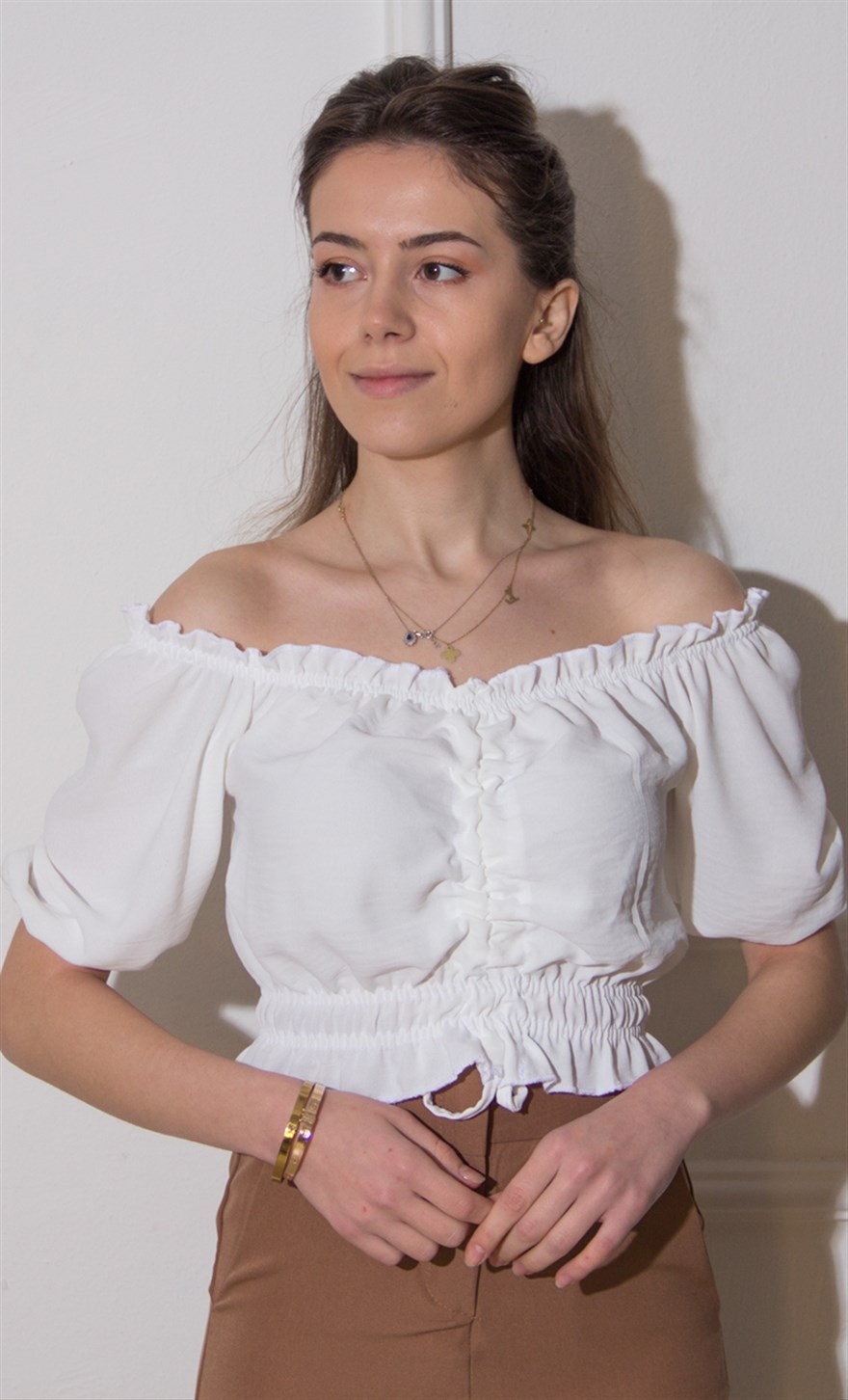Carmen Pileli Bluz - Beyaz - Dominatrend