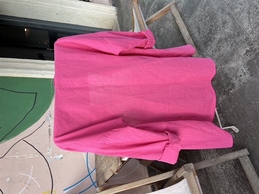 Cep Detay Keten Gömlek - Pembe - Dominatrend