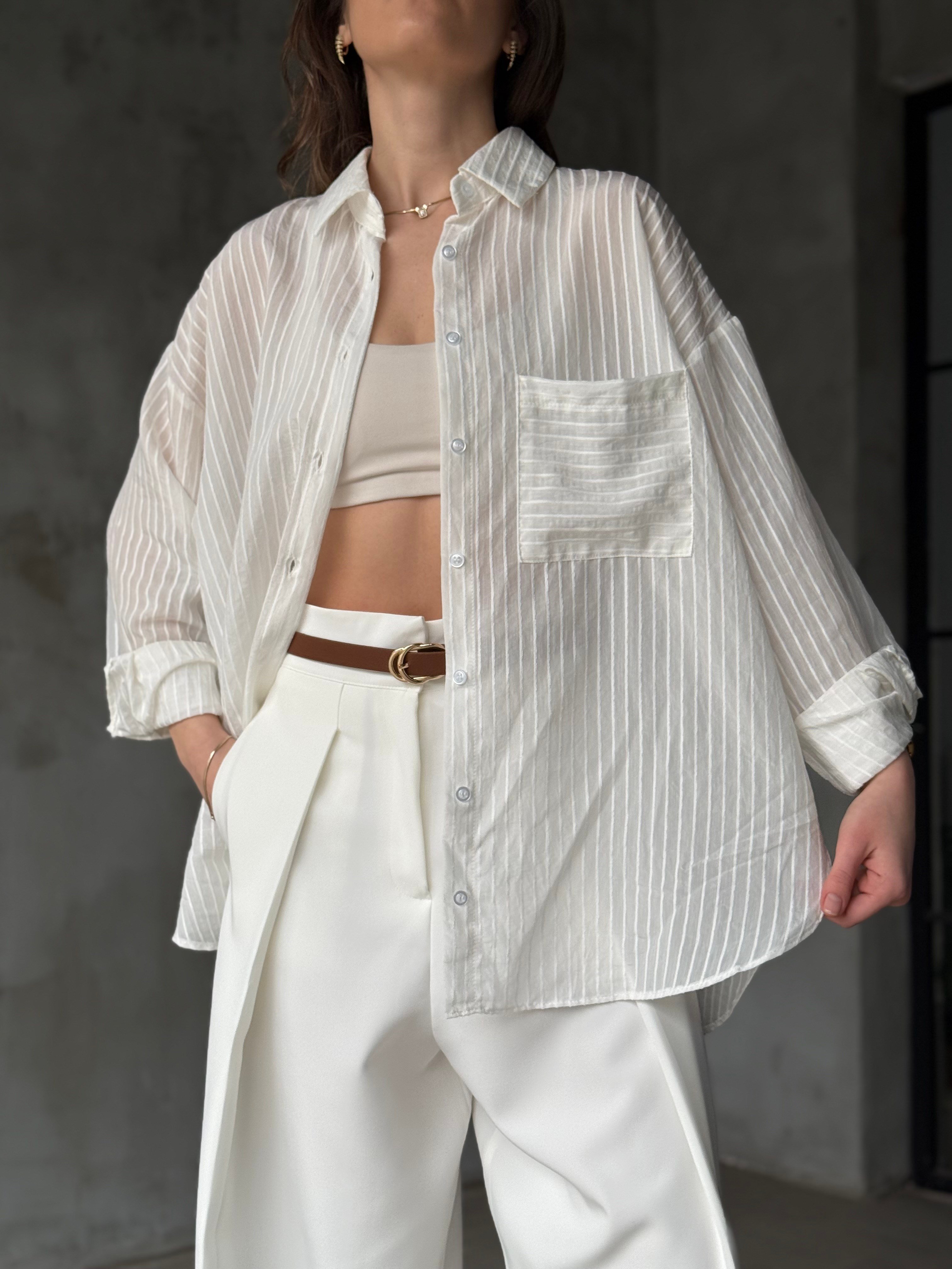 Çizgili Oversize Gömlek - Beyaz - Dominatrend