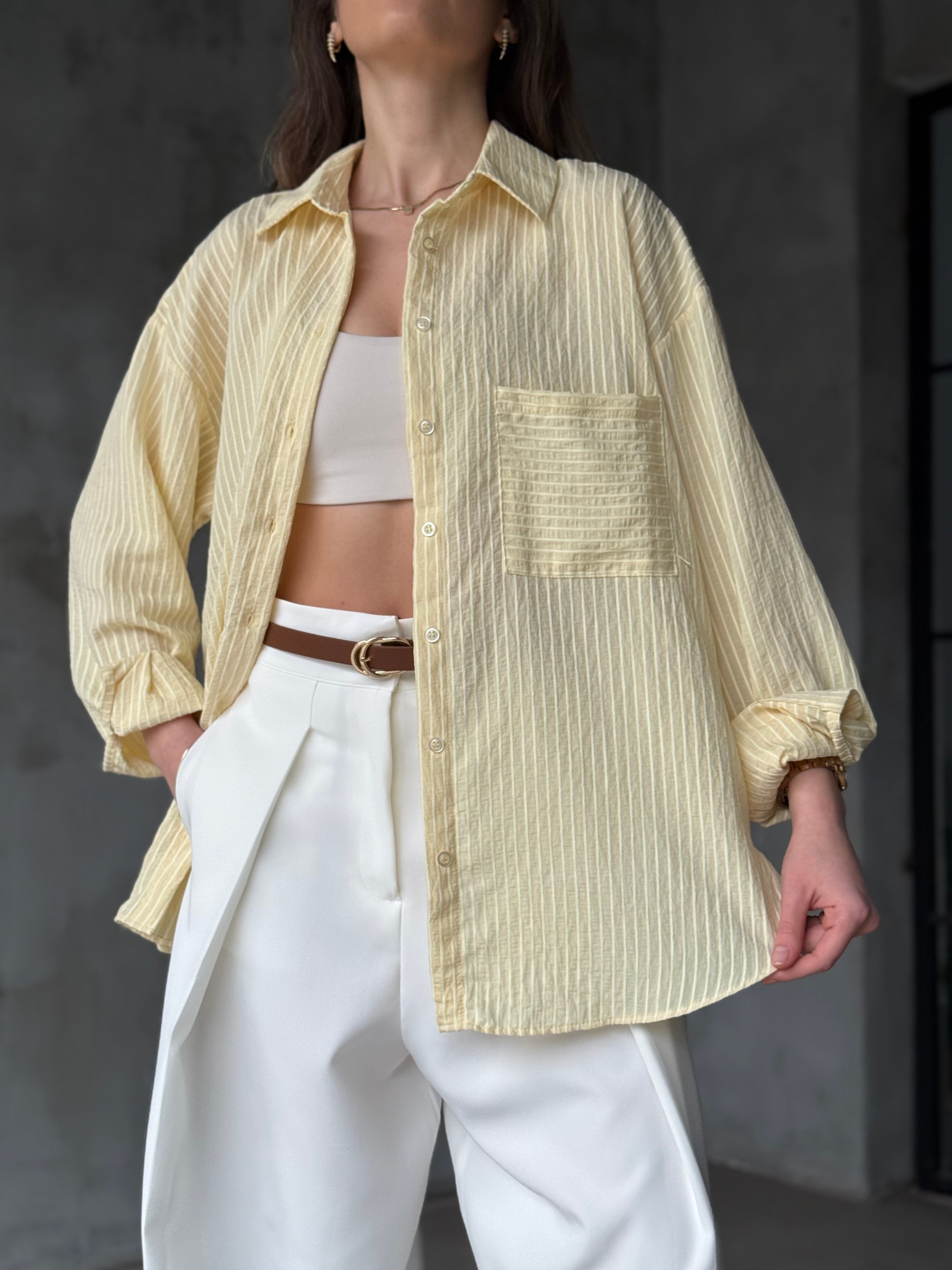 Çizgili Oversize Gömlek - Sarı - Dominatrend