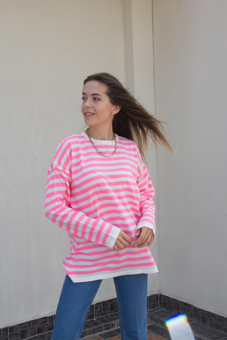 Çizgili Salaş Triko Kazak - Pembe - Dominatrend