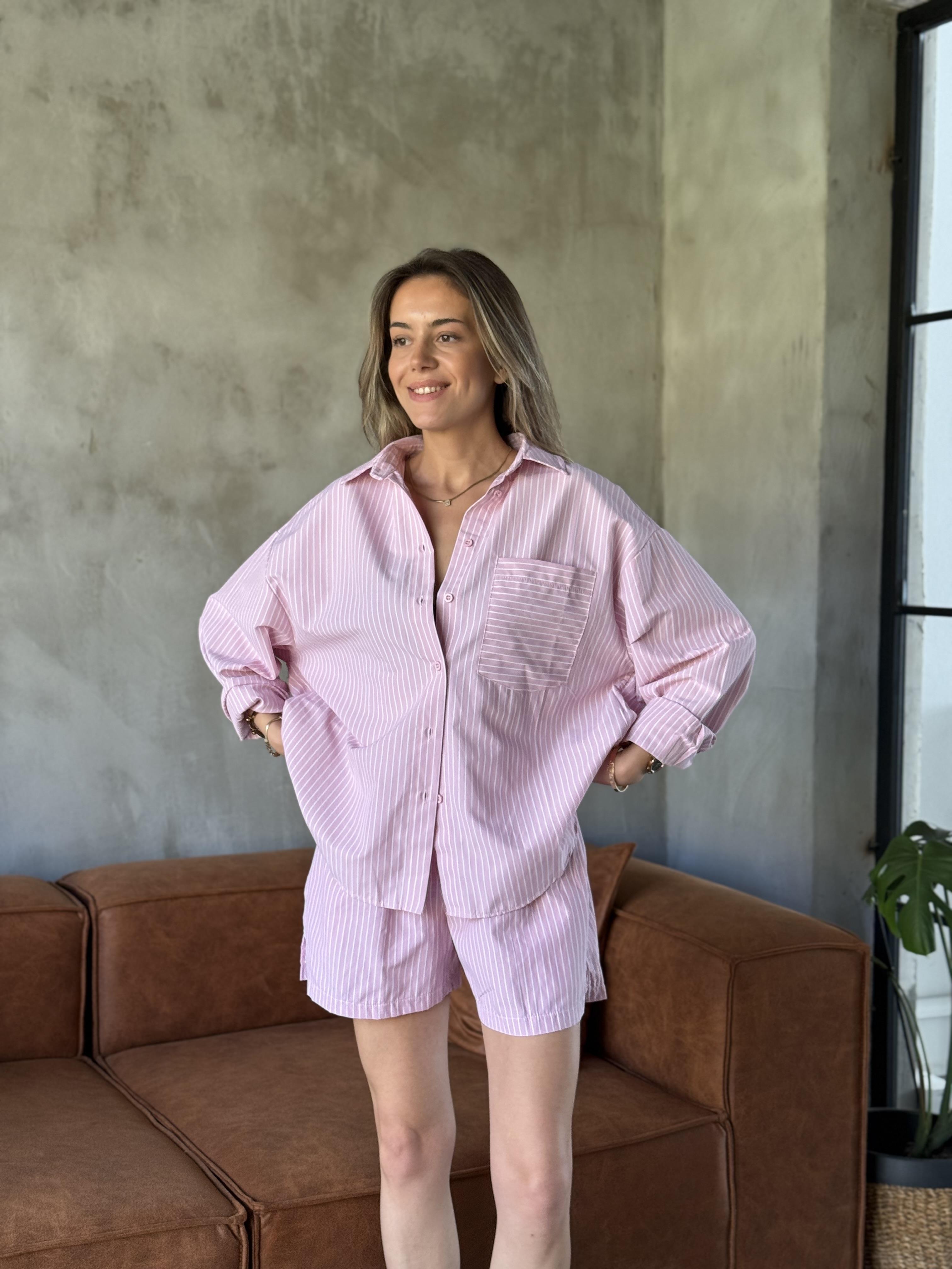 Çizgili Şortlu Takım - Pembe - Dominatrend