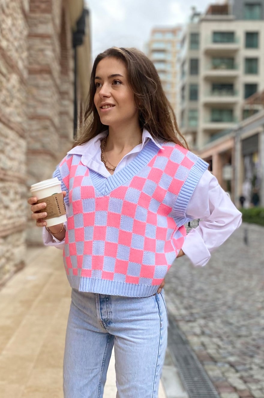 Damalı Süveter - Mavi - Dominatrend