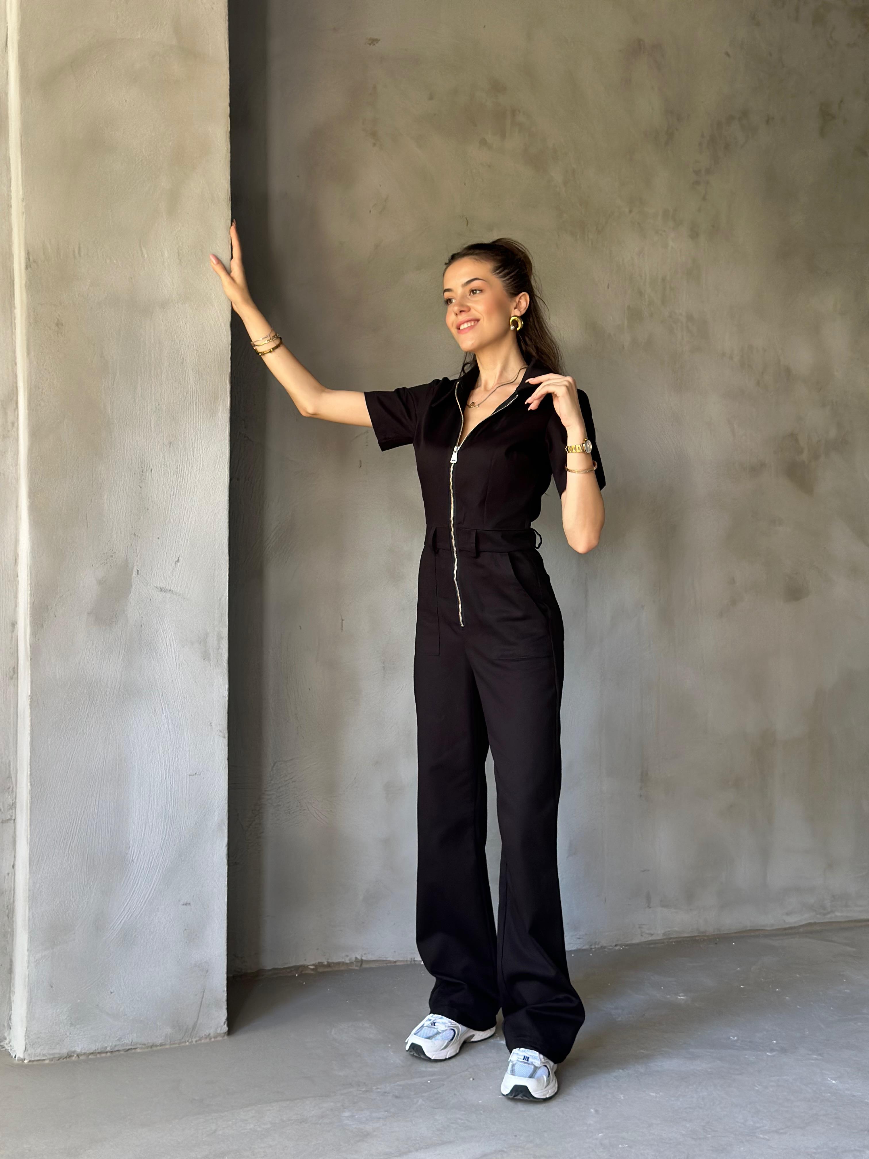 Denim Fermuar Detay Kısa Kollu Tulum - Siyah - Dominatrend
