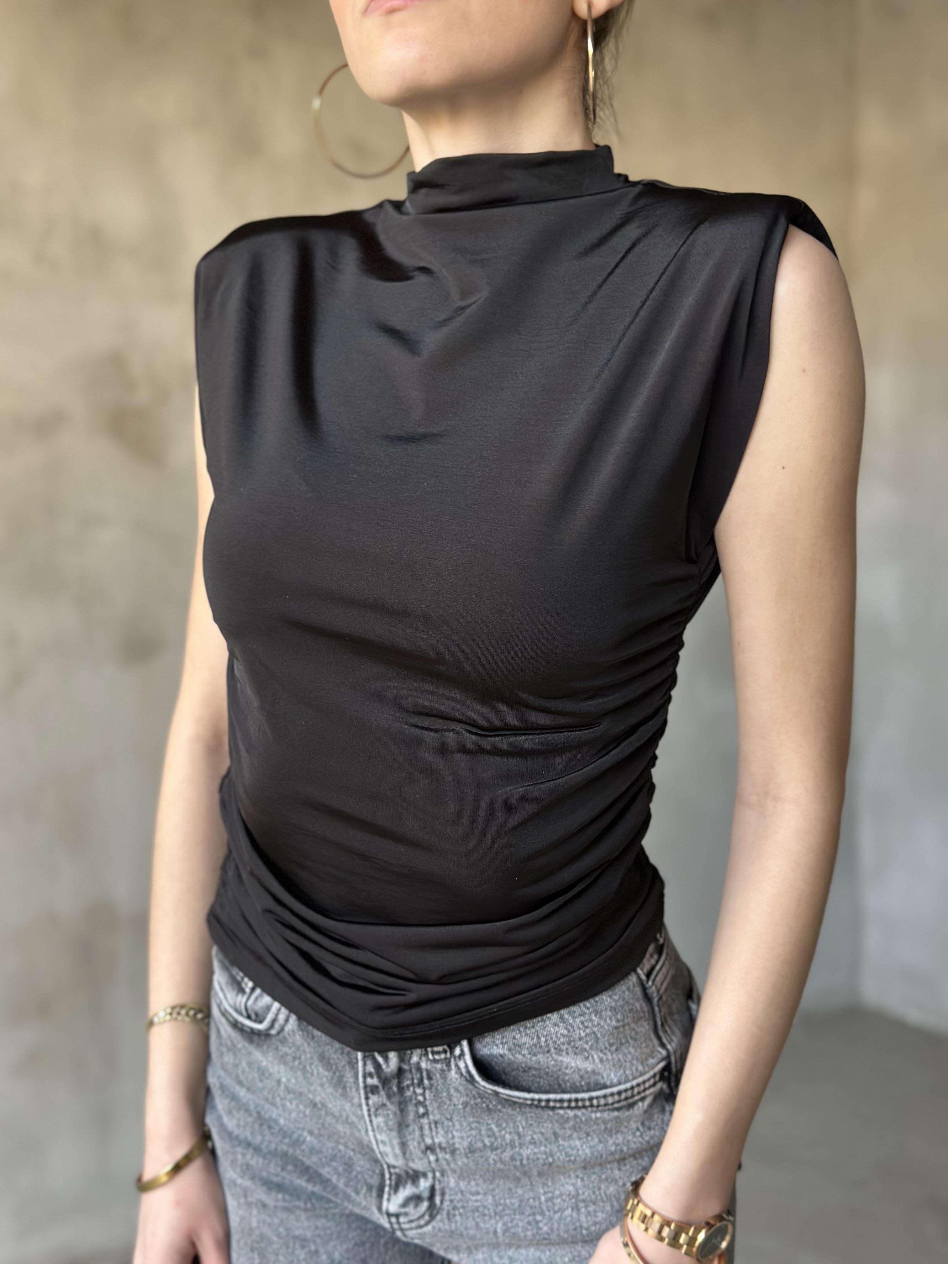 Dik Yaka Vatkalı Sıfır Kol Drape Detaylı Bluz - Siyah - Dominatrend