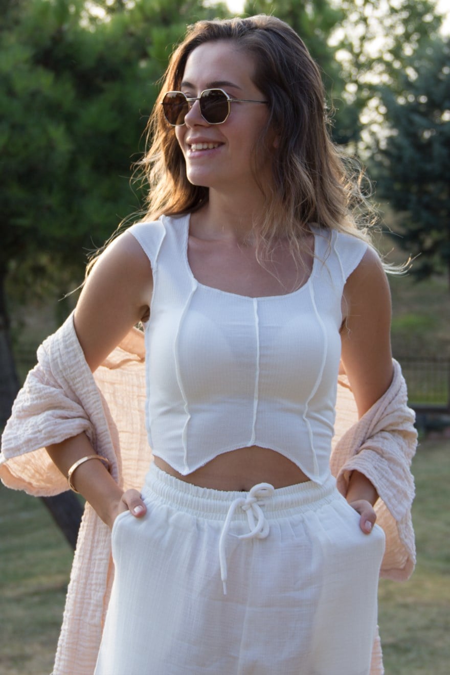 Dikiş Detaylı Bluz - Beyaz - Dominatrend