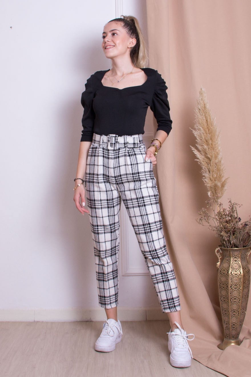 Ekose Kemerli Pantolon - Beyaz - Dominatrend