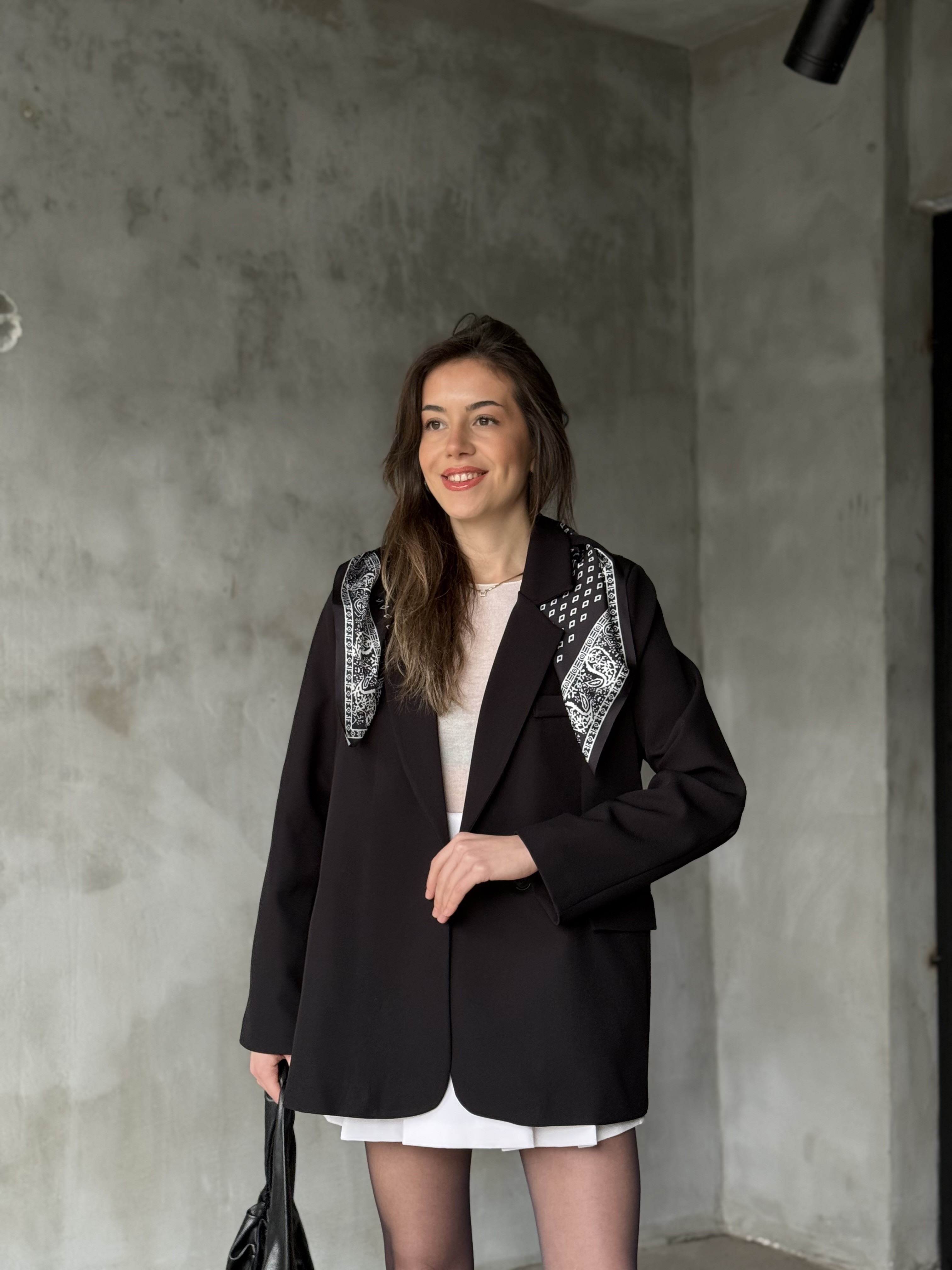 Fularlı Kruvaze Blazer Ceket - Siyah - Dominatrend