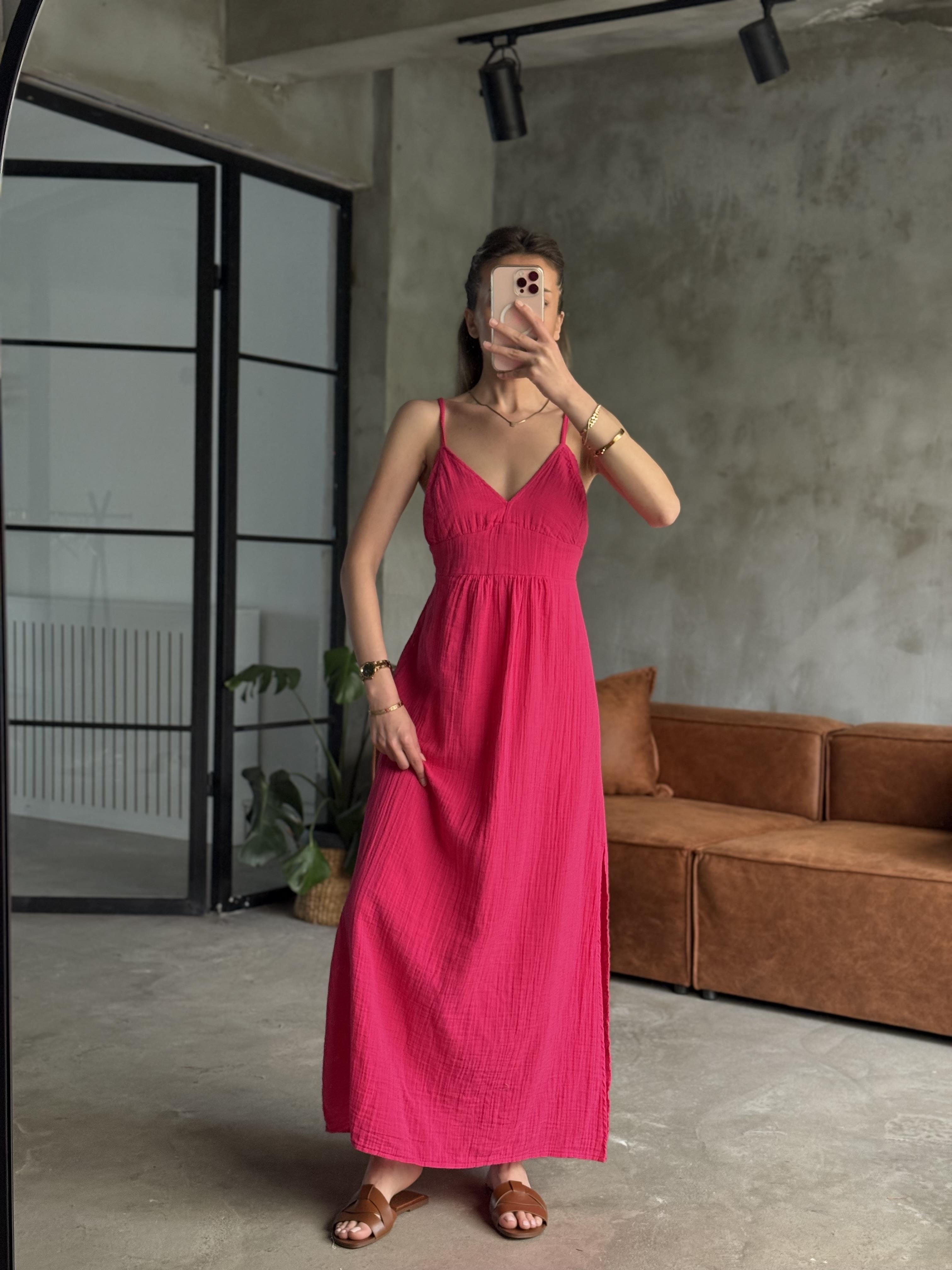 Fuşya Lilyana Askılı Müslin Elbise - Dominatrend