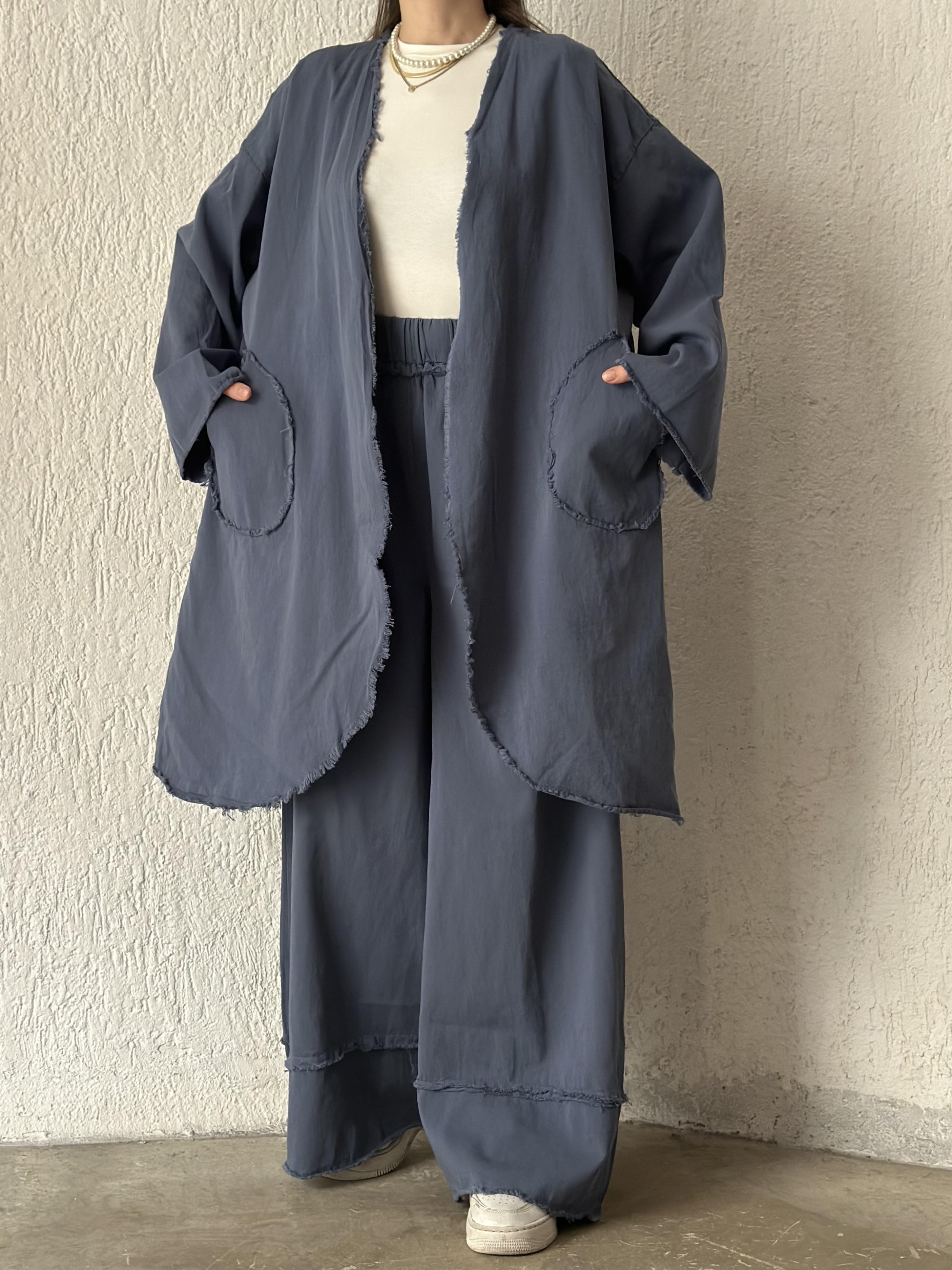 Gabardin Kimono Pantolon İkili Takım - İndigo - Dominatrend