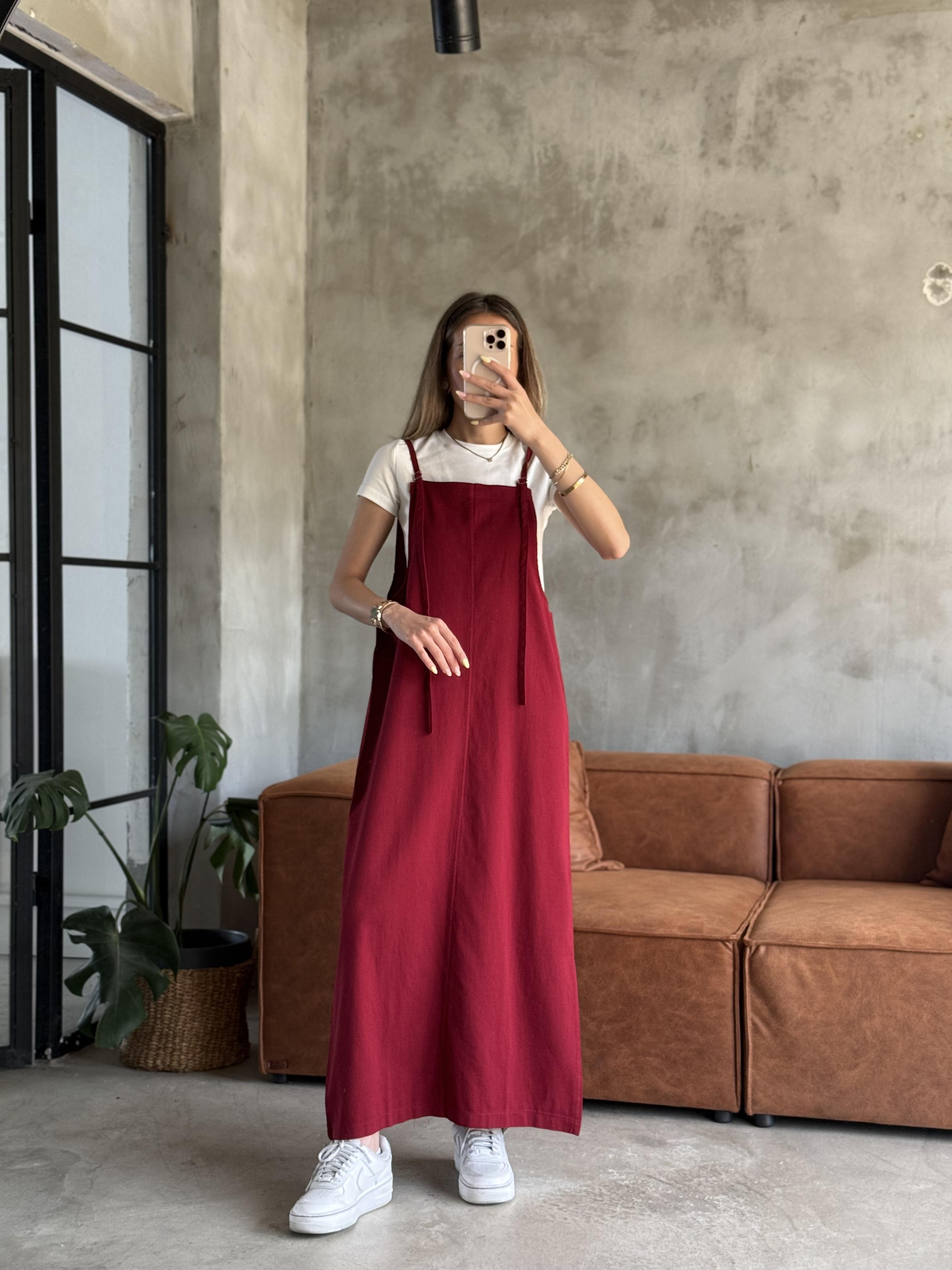 Gabardin Salopet Elbise - Bordo - Dominatrend