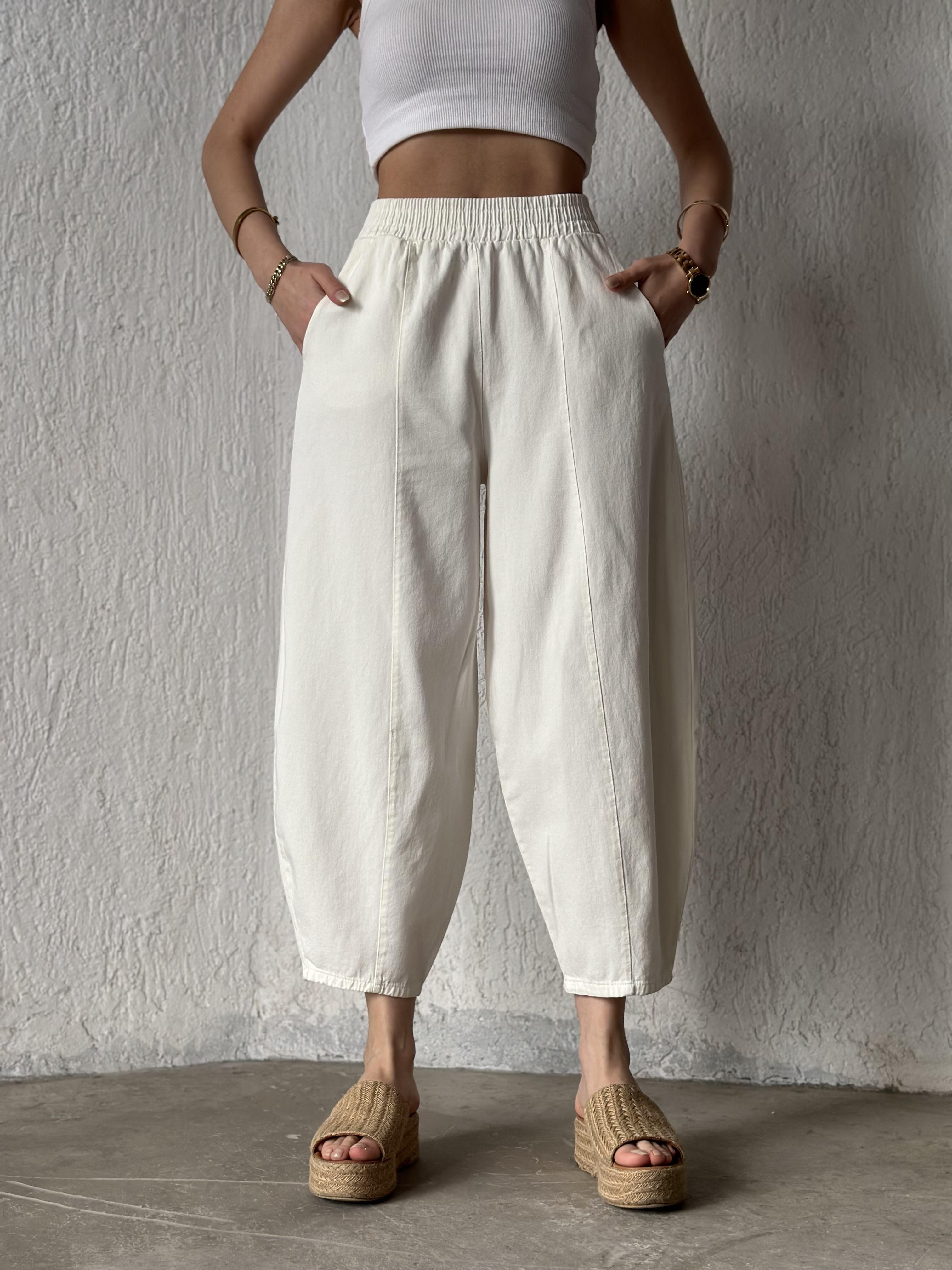 Gabardin Şalvar Pantolon - Beyaz - Dominatrend