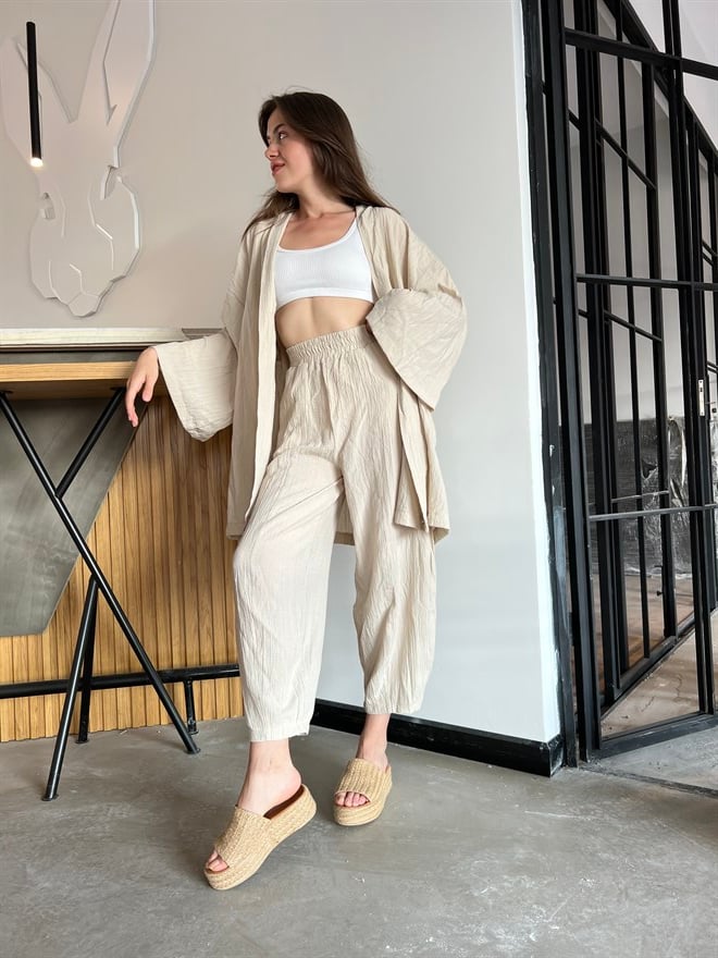 Gofre İkili Takım - Krem - Dominatrend