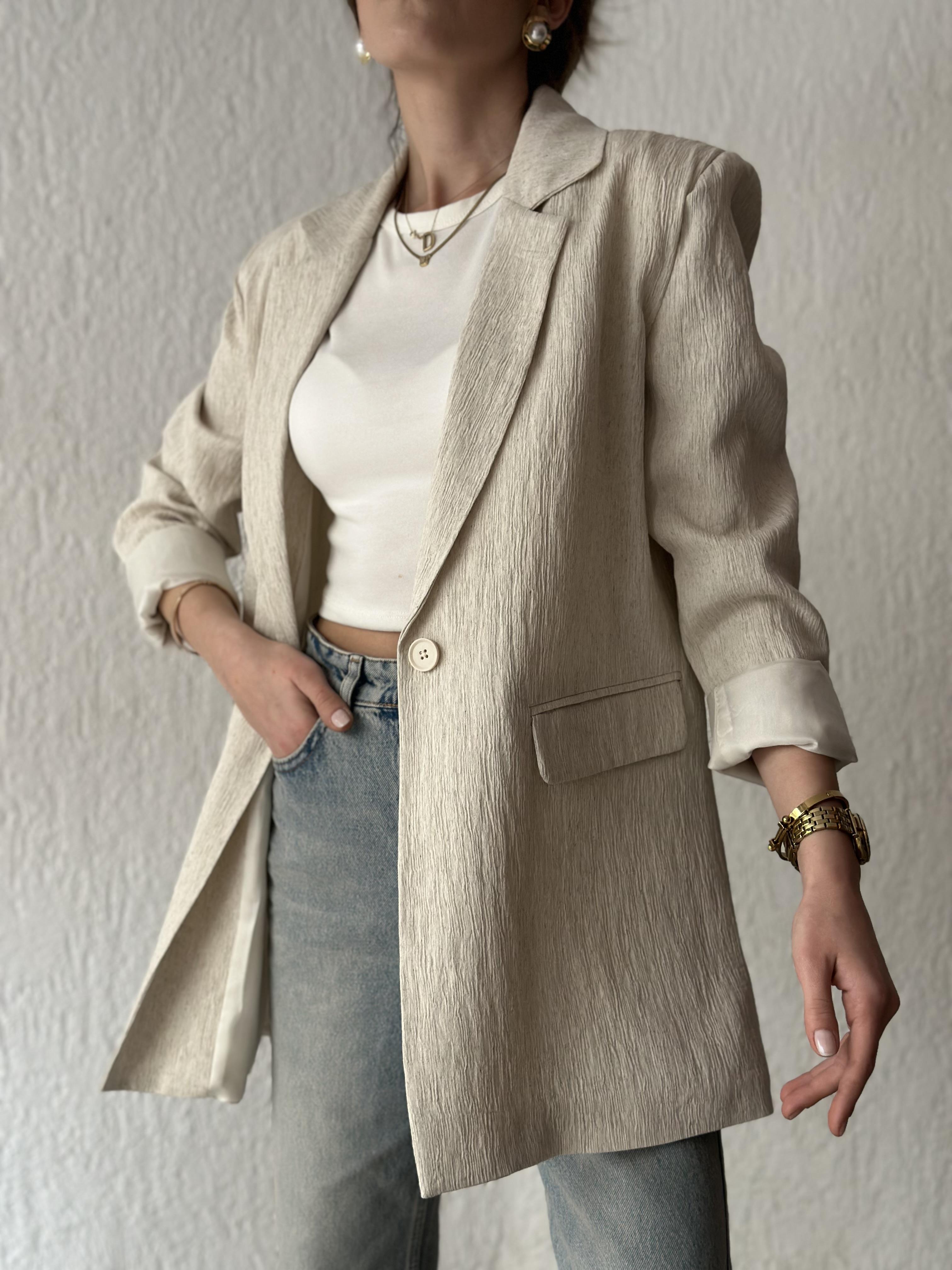 Gofre Vatkalı Blazer Ceket  - Bej - Dominatrend