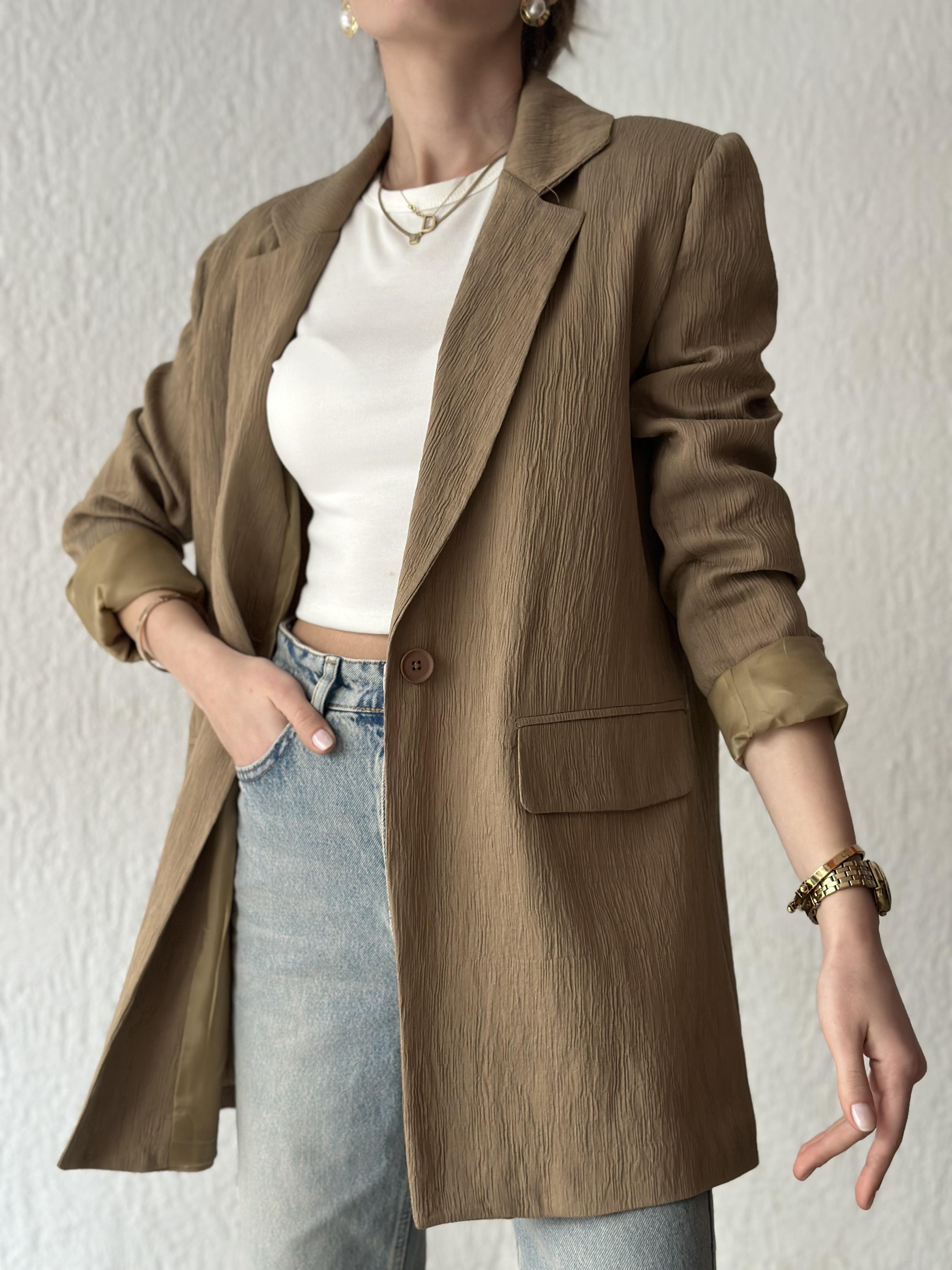 Gofre Vatkalı Blazer Ceket - Camel - Dominatrend
