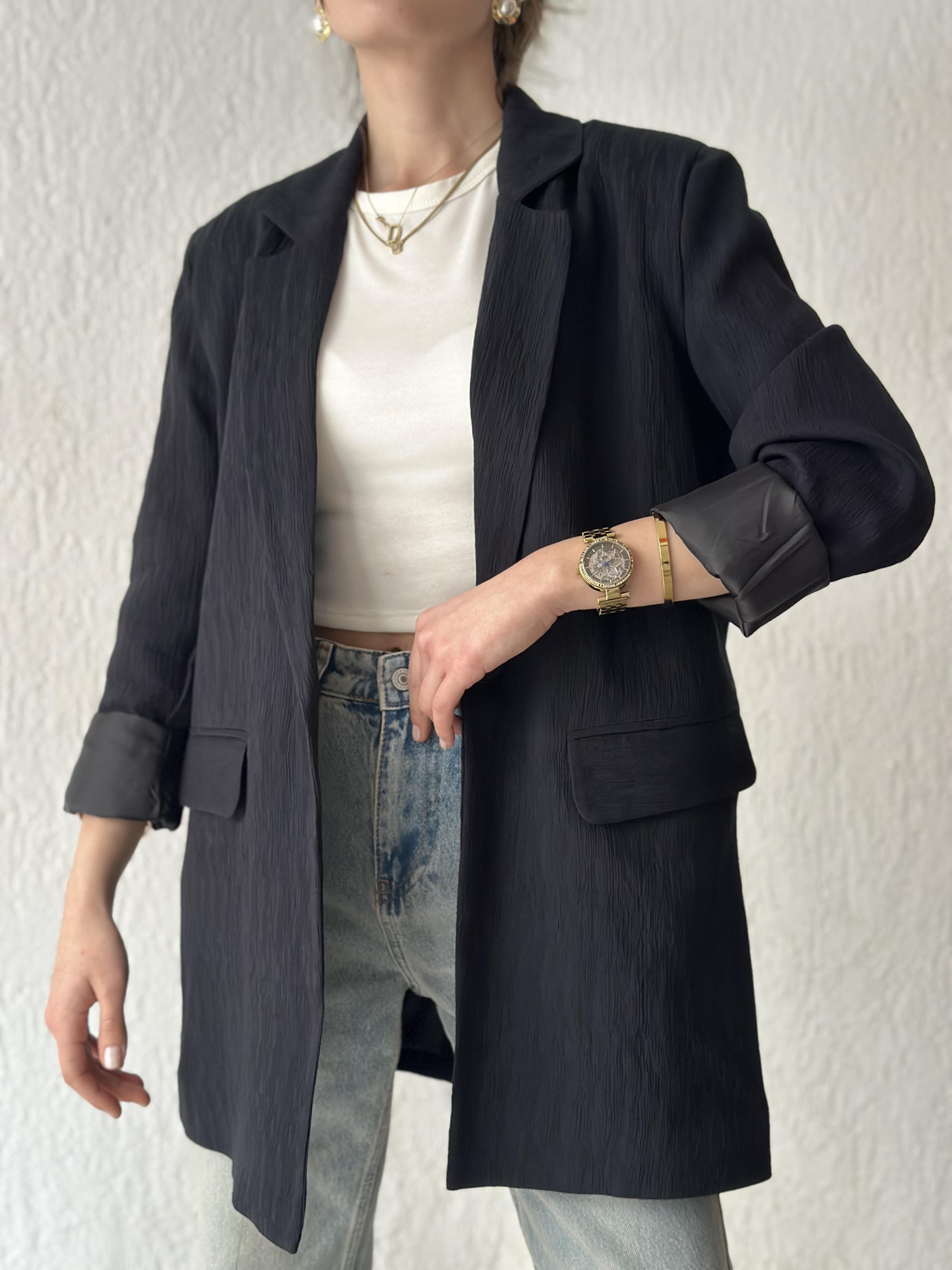 Gofre Vatkalı Blazer Ceket - Lacivert - Dominatrend