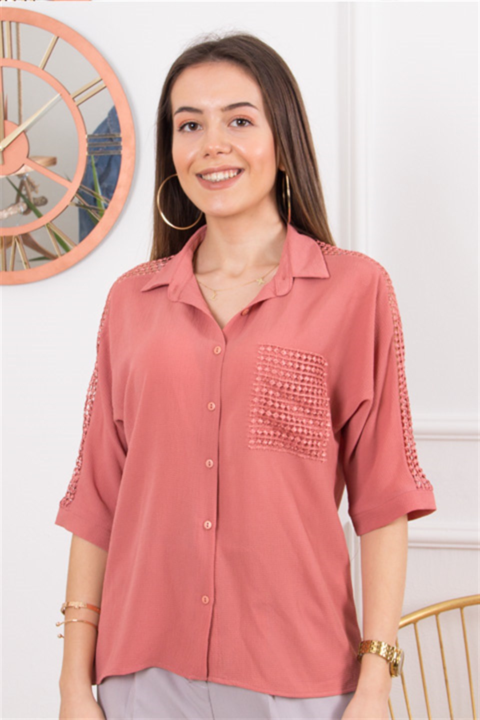 Güpür Detay Gömlek - Pembe - Dominatrend