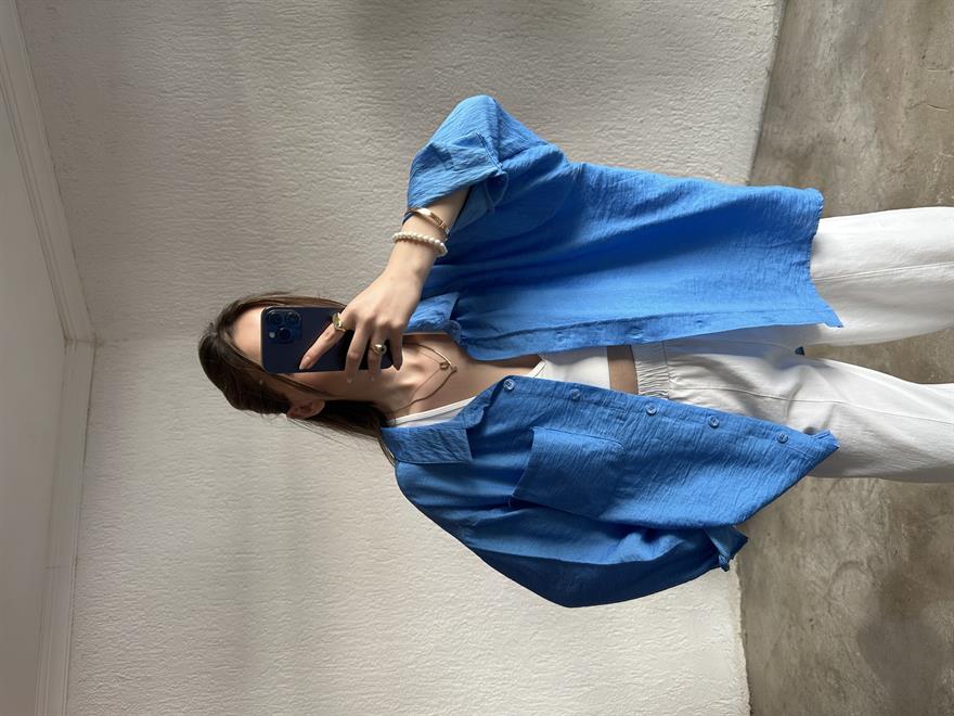 İthal Keten Oversize Gömlek - Mavi - Dominatrend