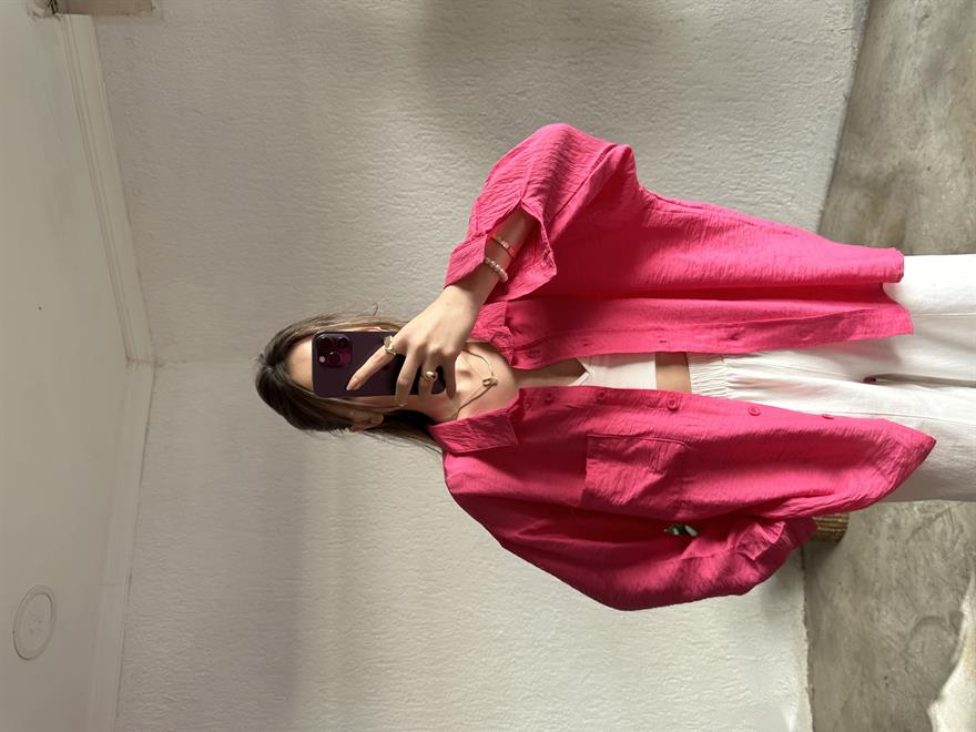 İthal Keten Oversize Gömlek - Pembe - Dominatrend