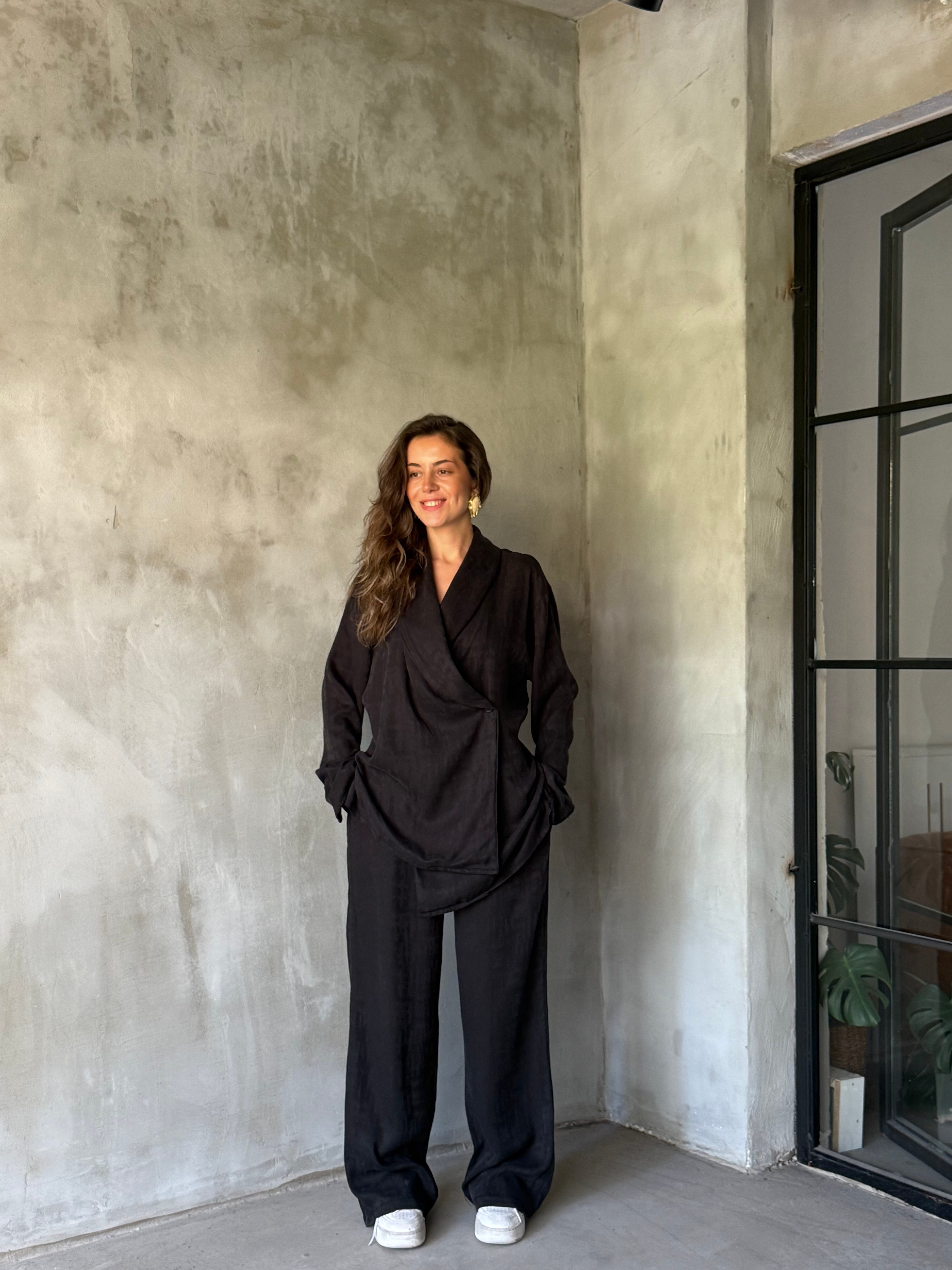 Jakarlı Kimono Takım - Siyah - Dominatrend