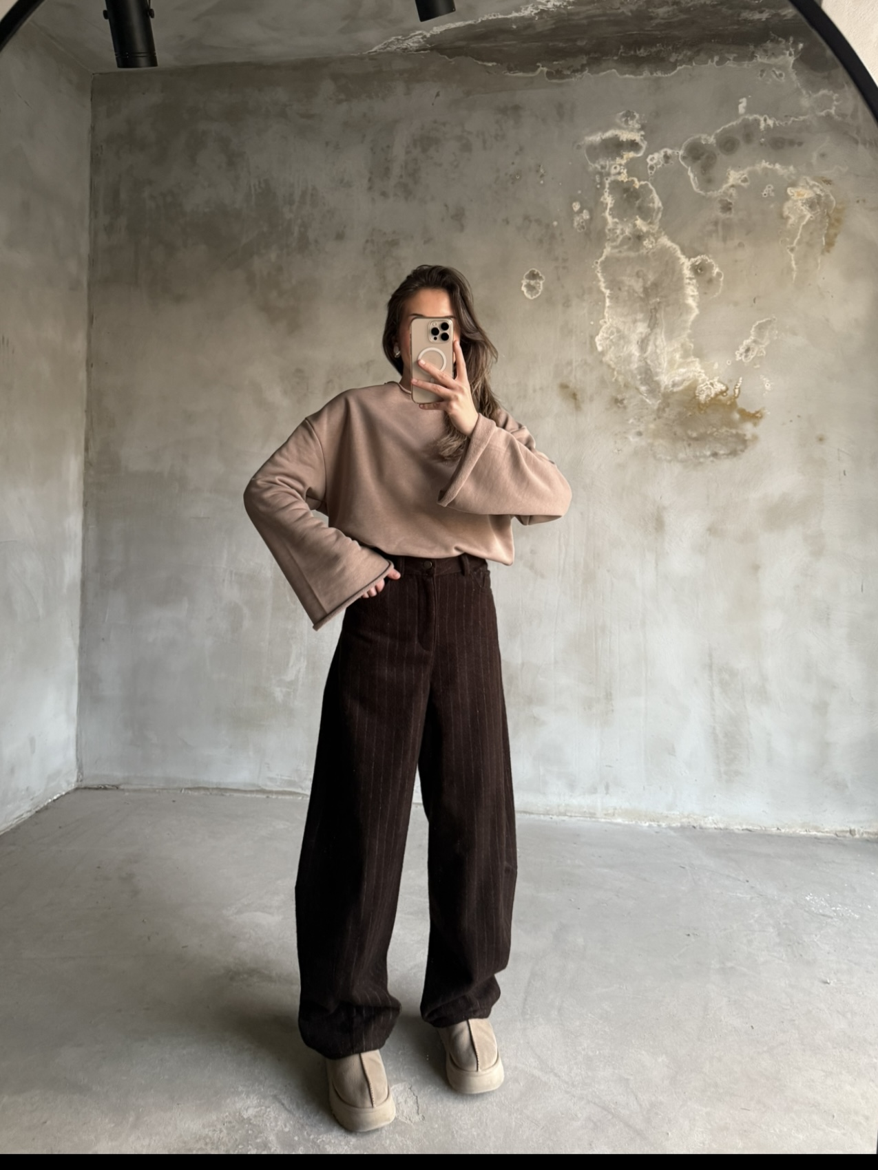 Kahve Çizgili Kaşe Balon Pantolon - Dominatrend