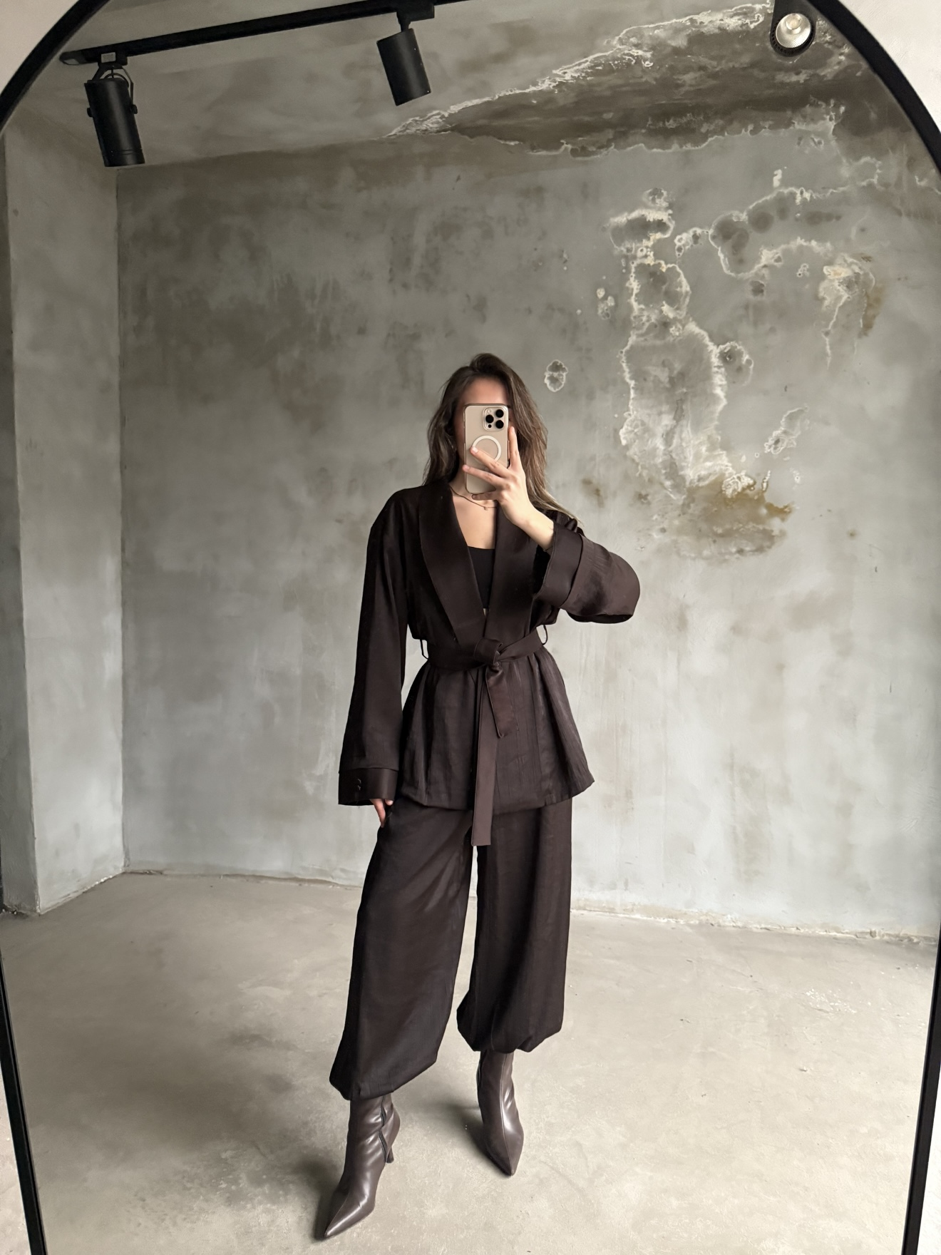 Kahve Saten Kimono Şalvar Pantolon İkili Takım - Dominatrend