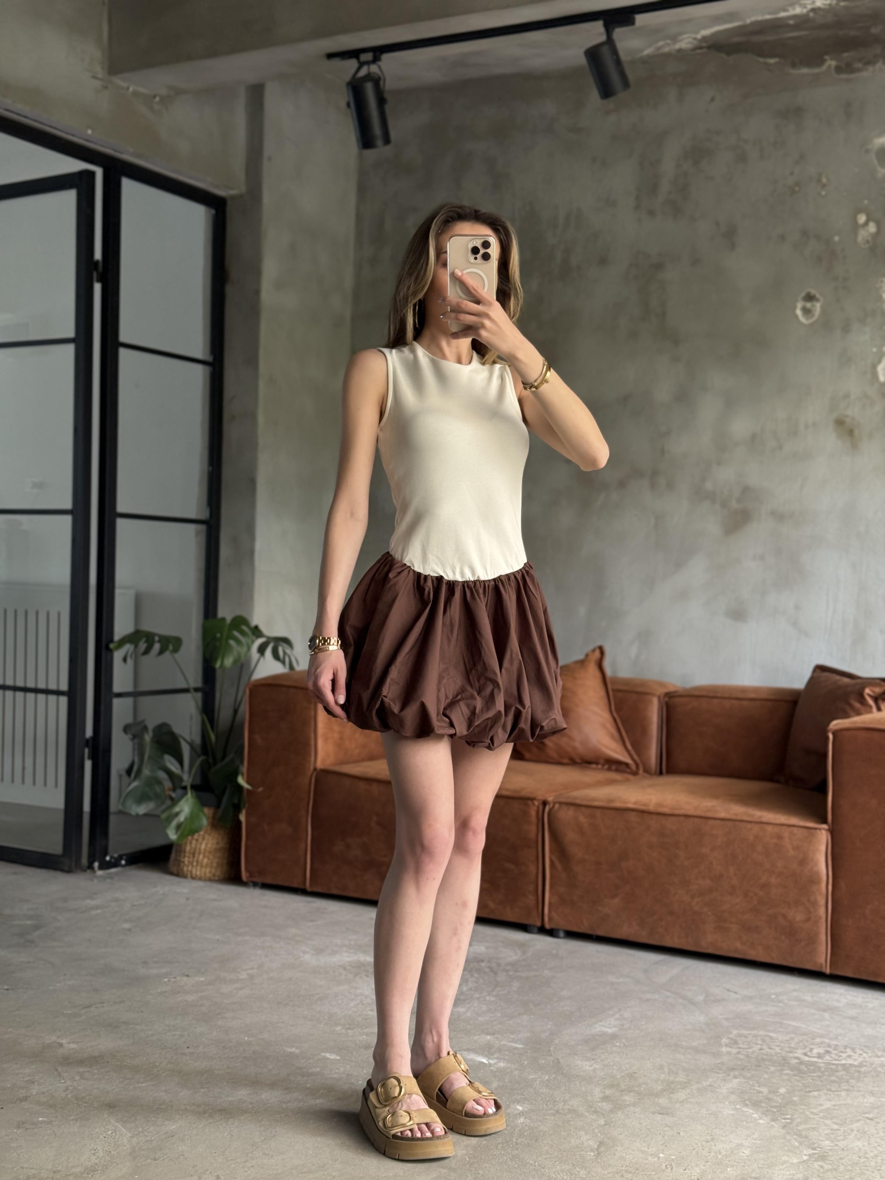 Kahverengi Balon Mini Elbise - Dominatrend