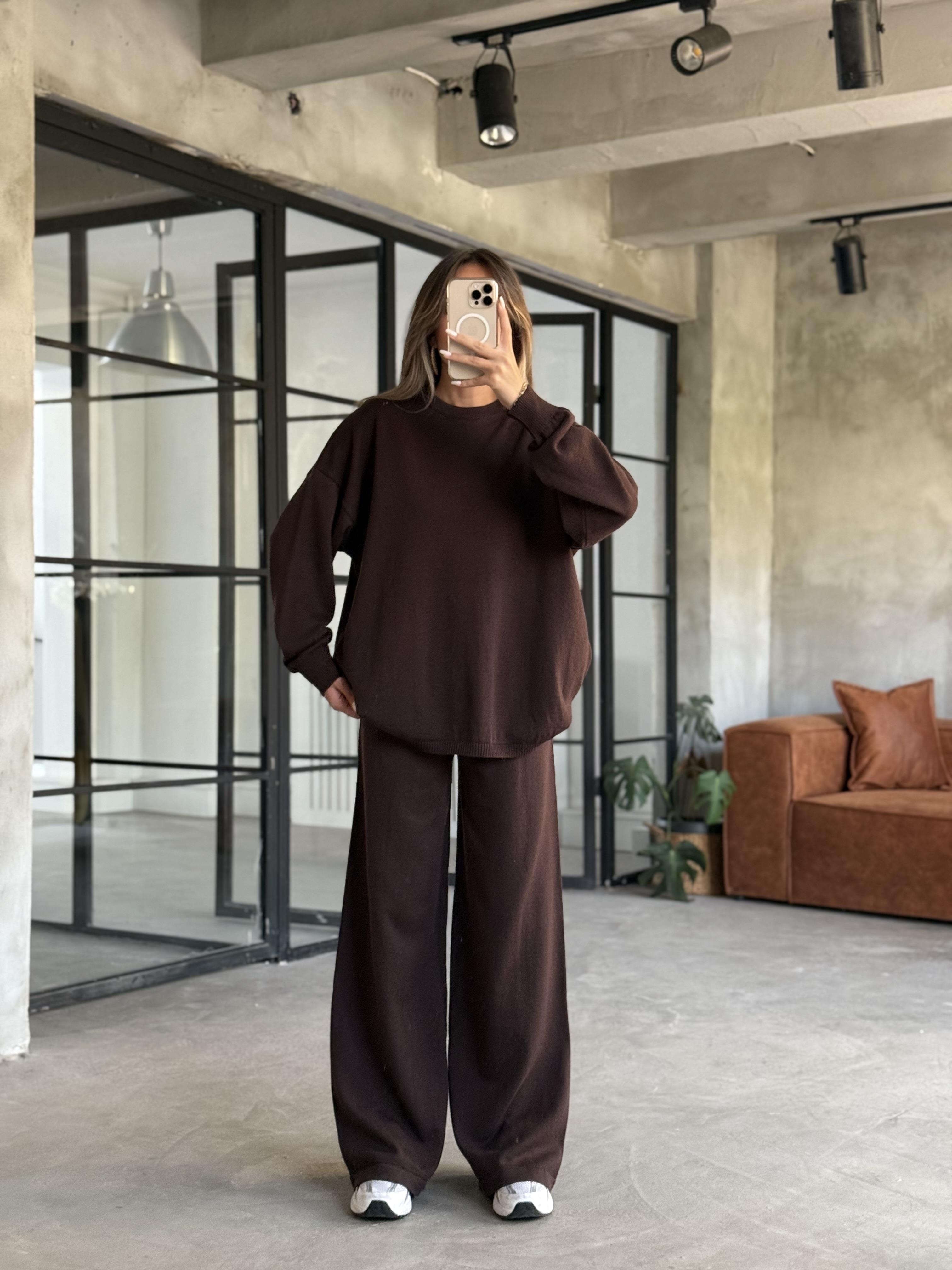 Kahverengi Basic Oversize Triko Takım - Dominatrend