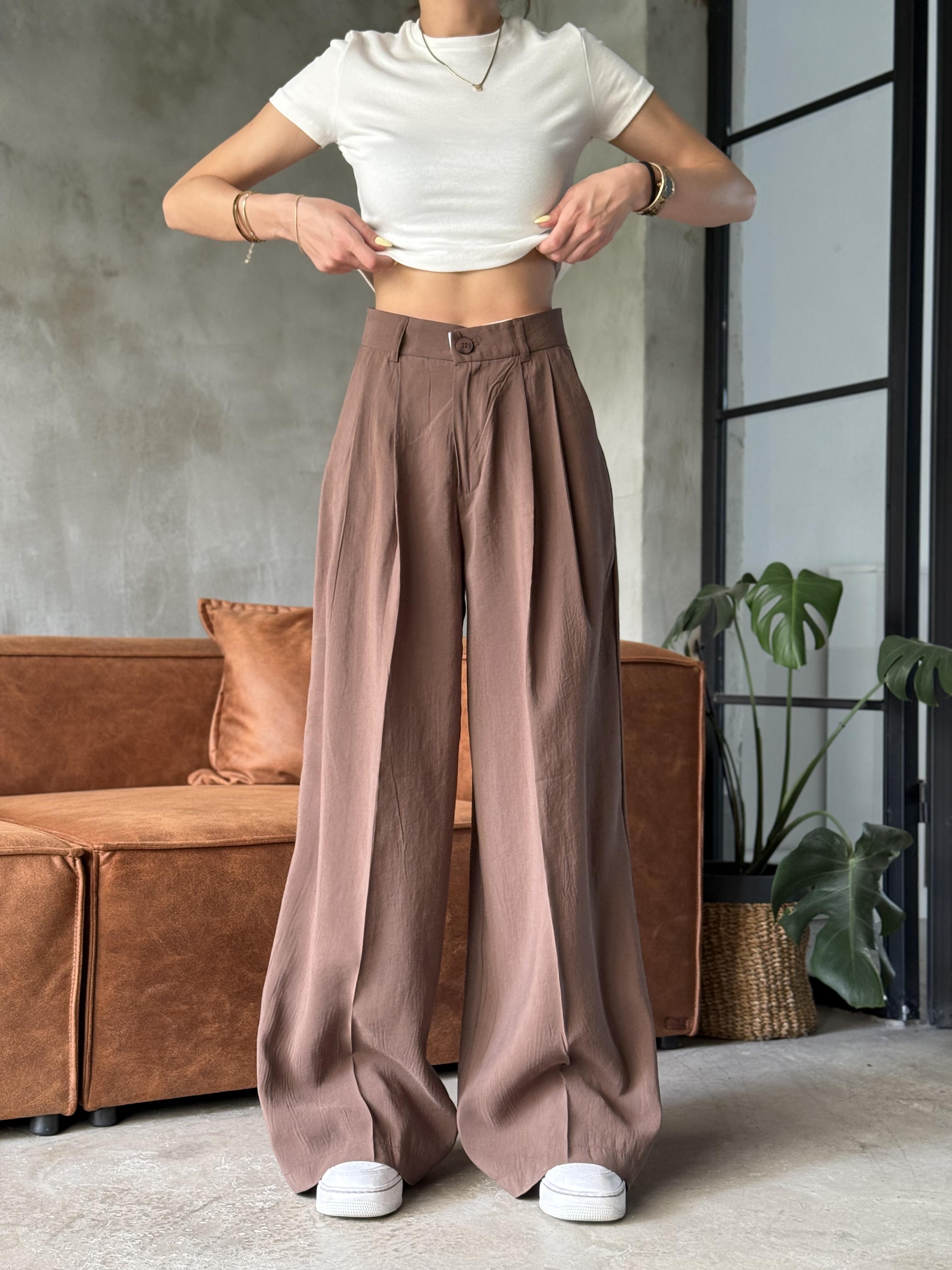 Kahverengi Tencel Pantolon - Dominatrend
