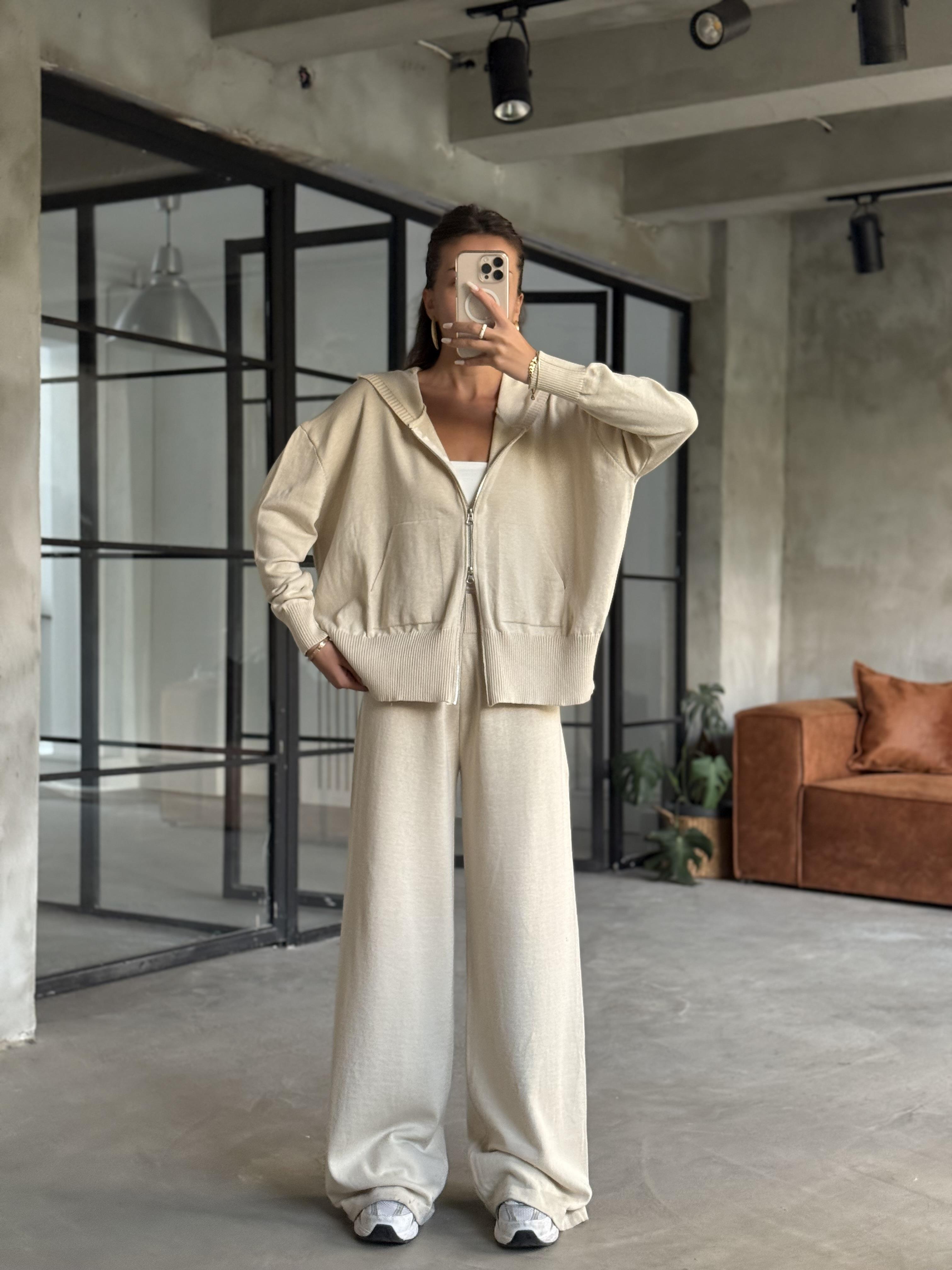 Kapüşonlu Oversize Hırkalı Triko Takım - Bej - Dominatrend