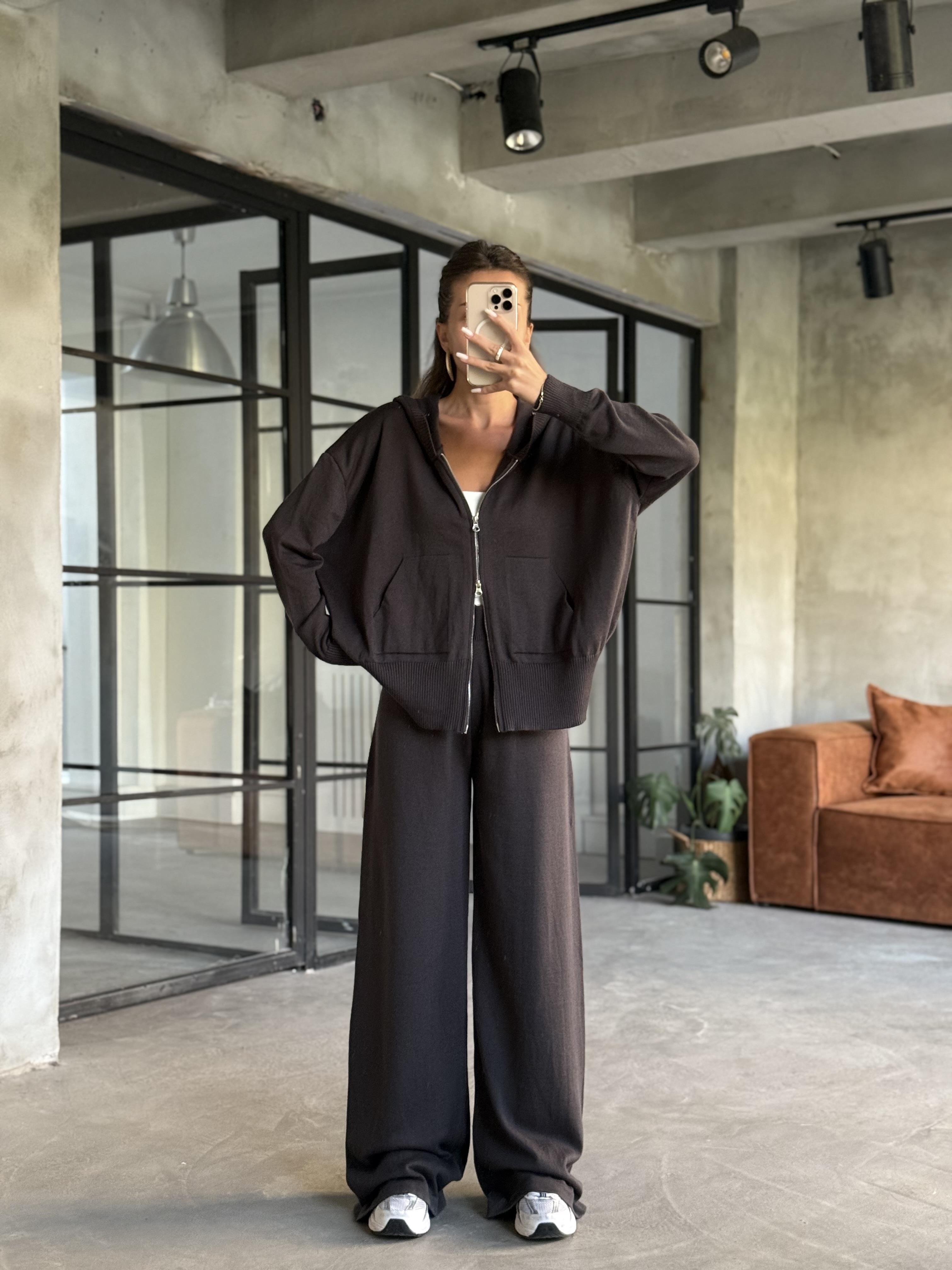 Kapüşonlu Oversize Hırkalı Triko Takım - Antrasit - Dominatrend