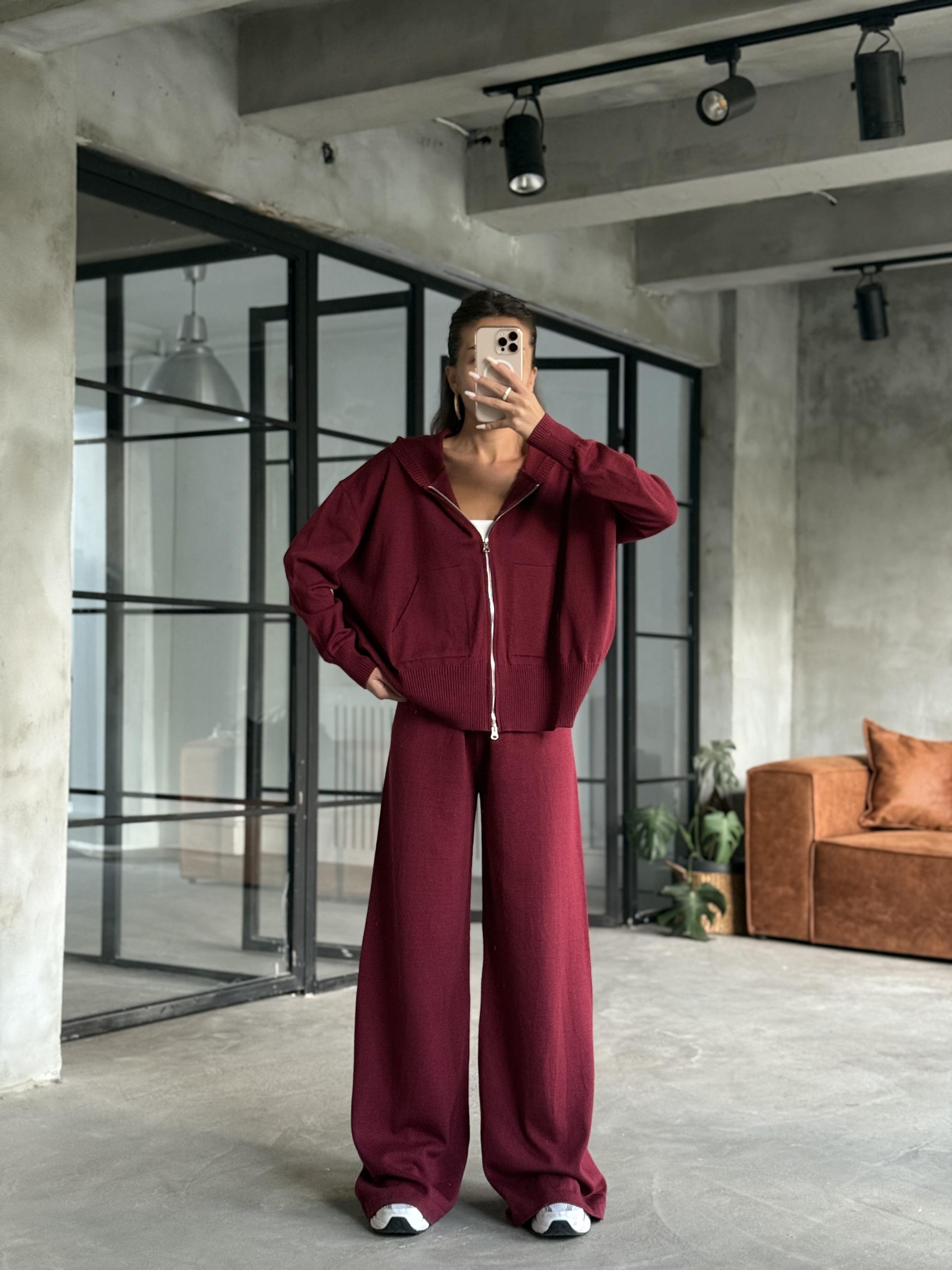 Kapüşonlu Oversize Hırkalı Triko Takım - Mürdüm - Dominatrend
