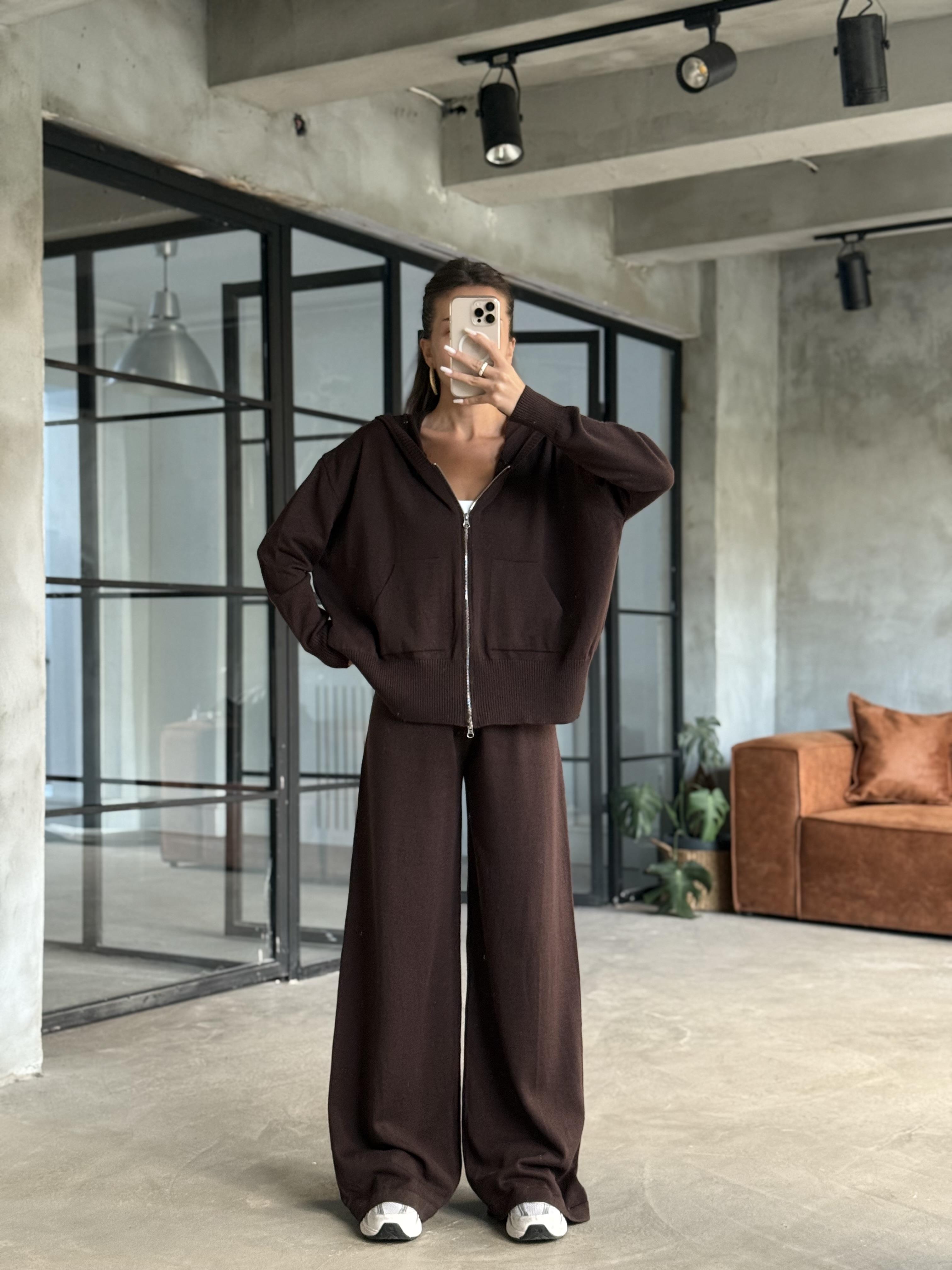 Kapüşonlu Oversize Triko Takım - Kahverengi - Dominatrend
