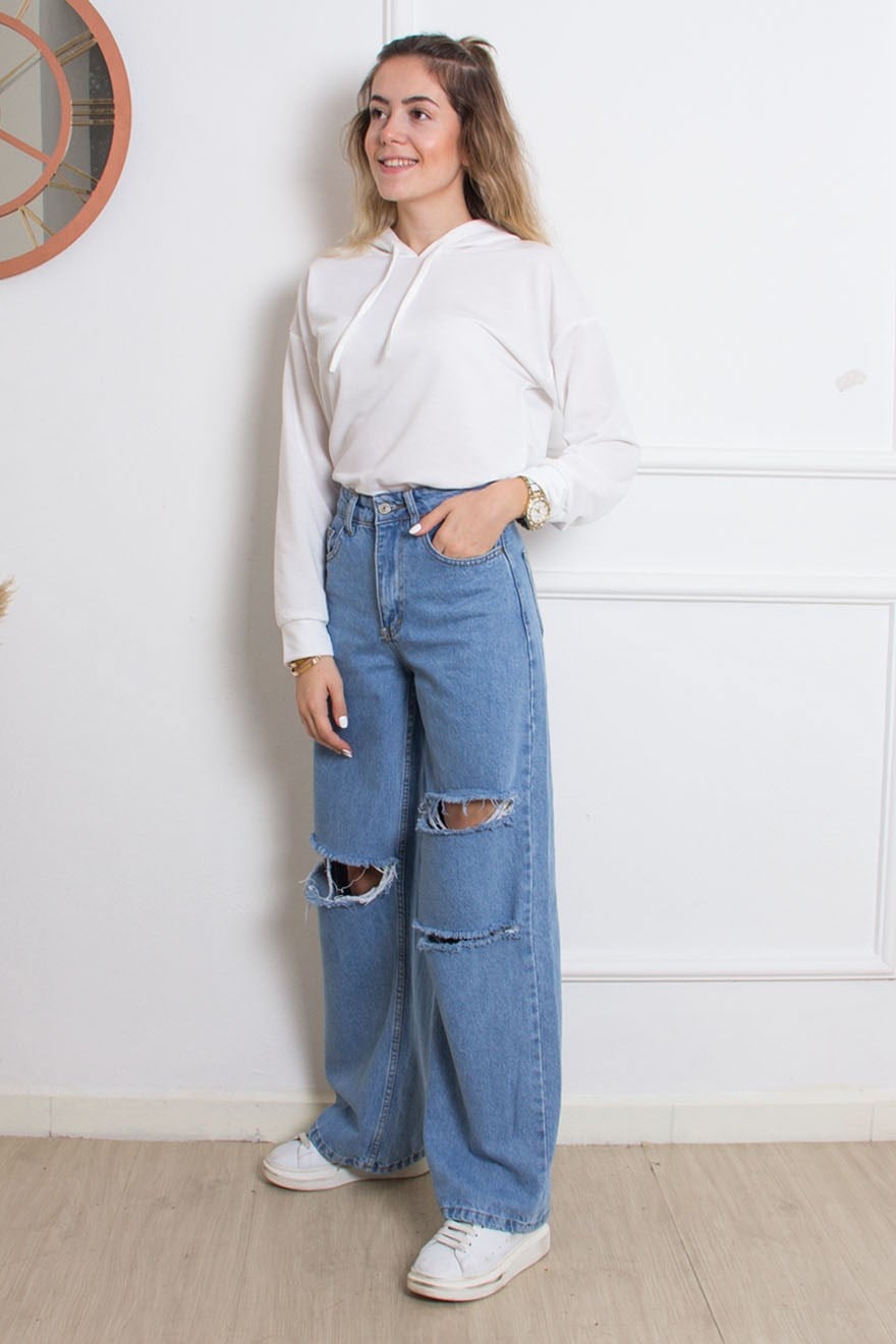 Kesik Detaylı Jean Pantolon - mavi - Dominatrend