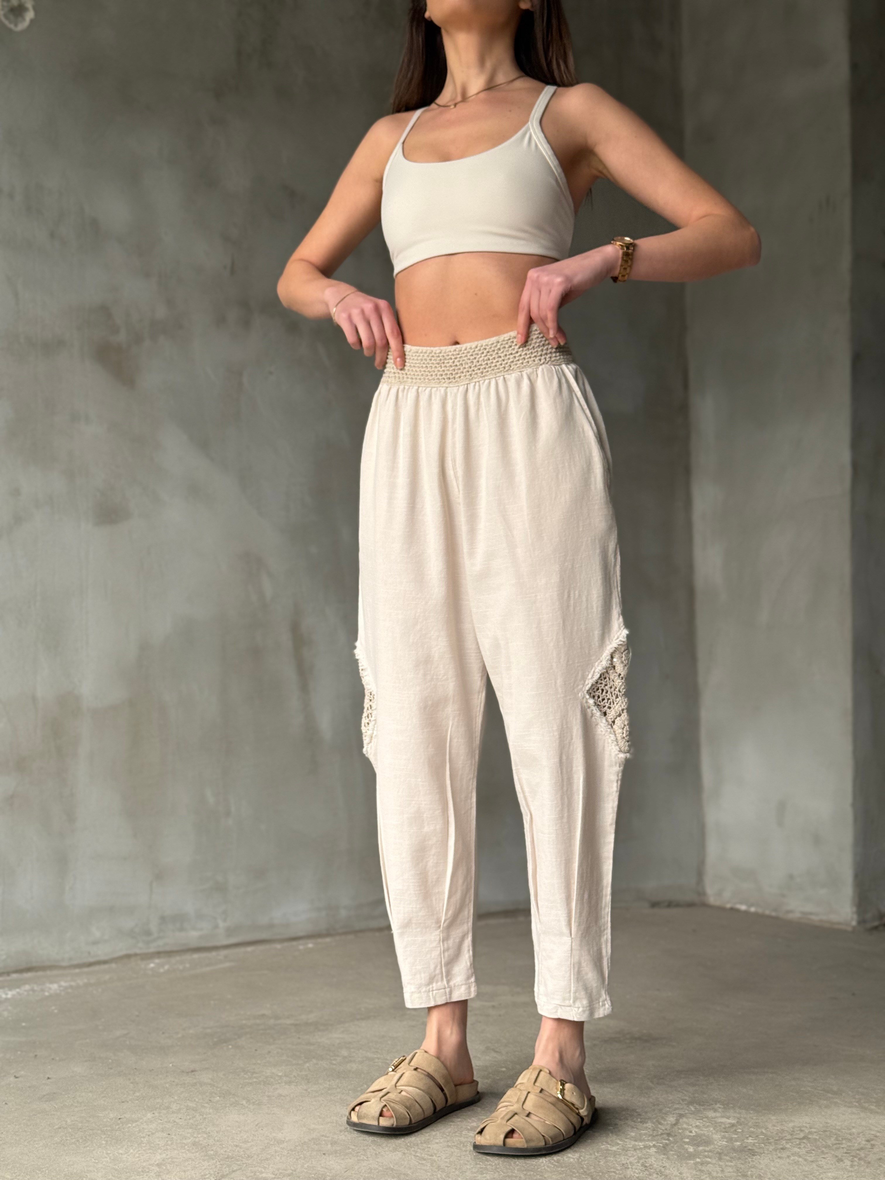 Keten Güpür Detay Pantolon - Krem - Dominatrend