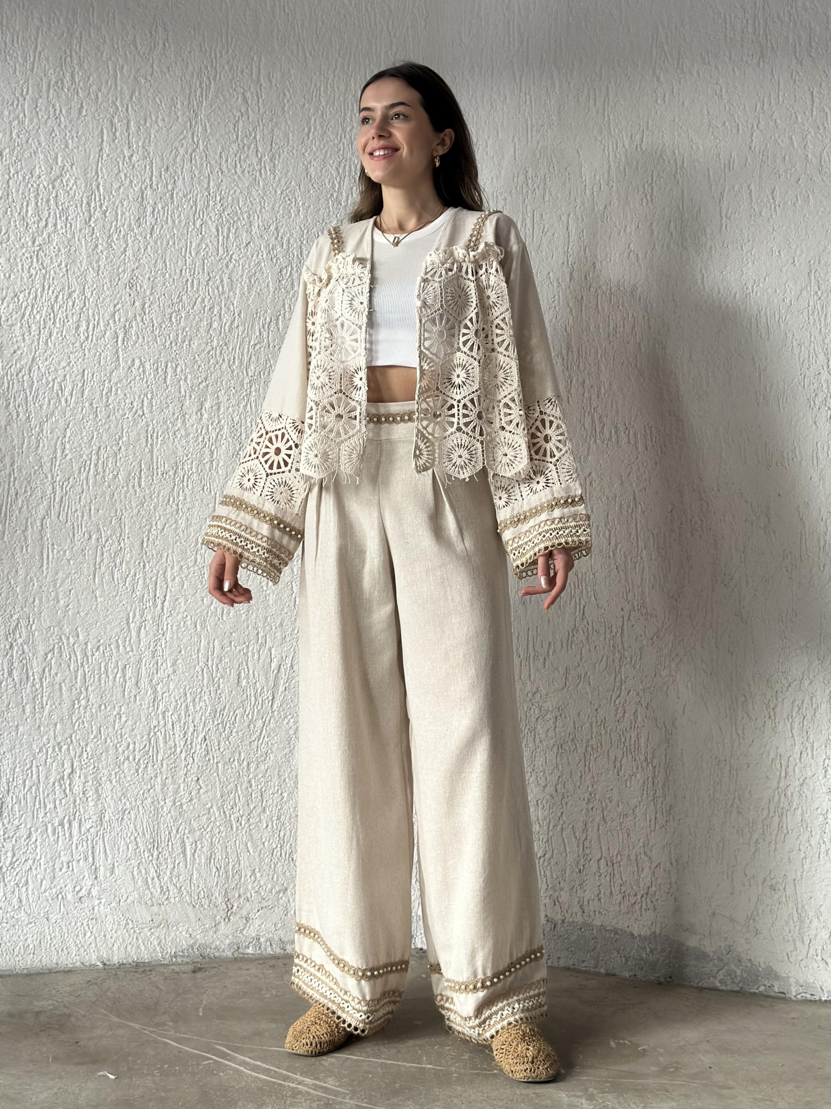 Keten İnci Detay Ceket - Pantolon Takım - Dominatrend