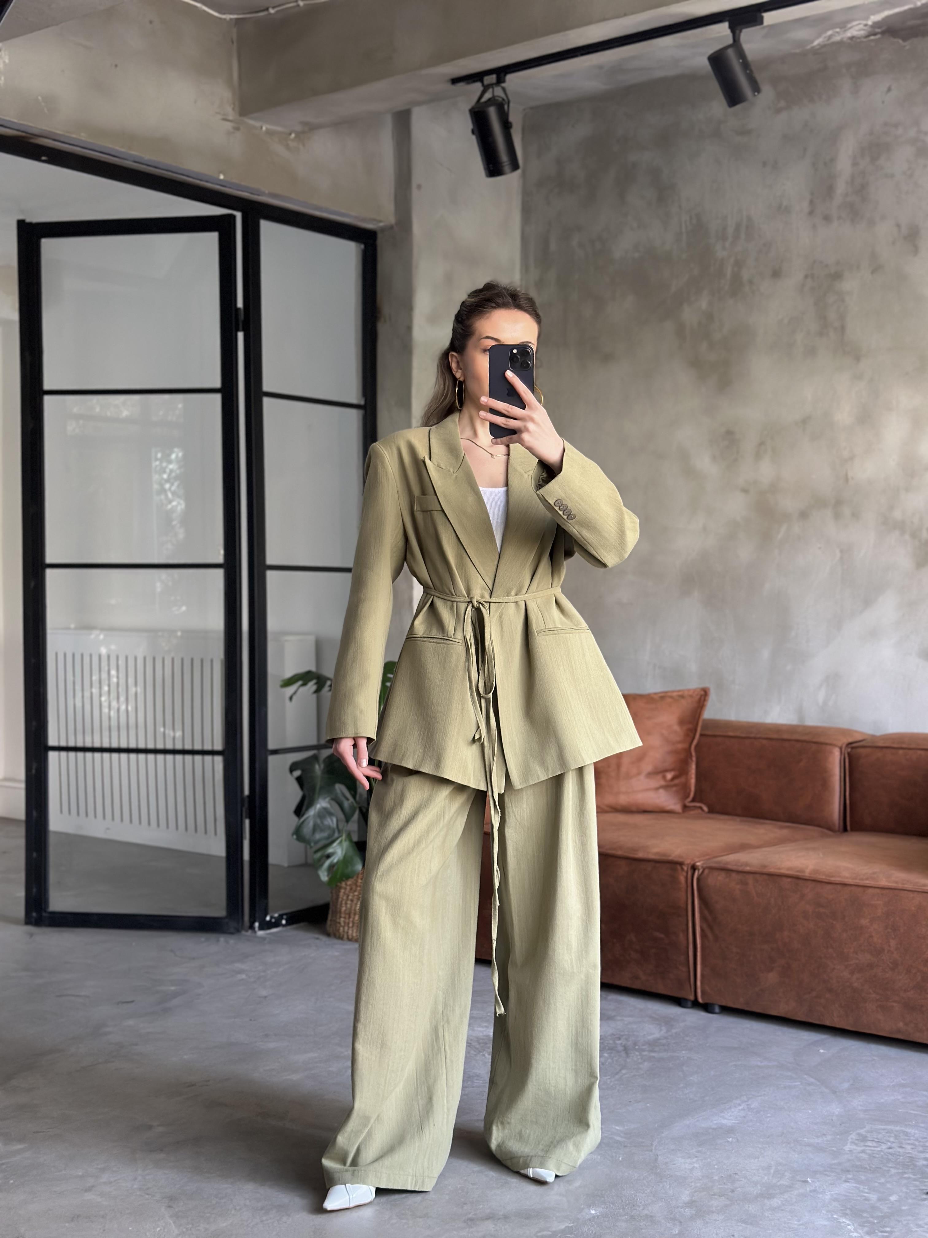 Keten Karışımlı Blazer Ceket Palazzo Pantolon Takım - Yeşil - Dominatrend