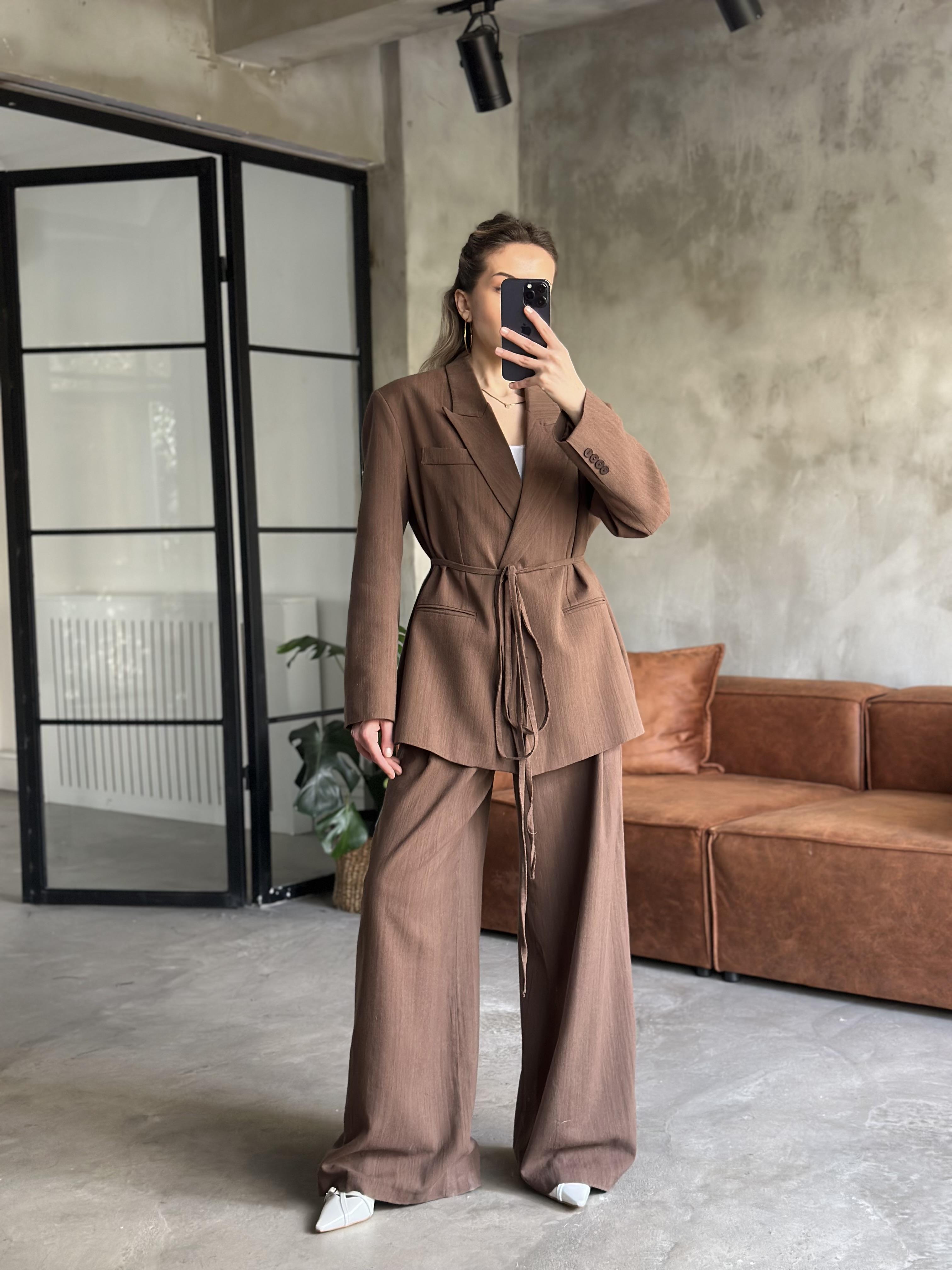 Keten Karışımlı Blazer Ceket Palazzo Pantolon Takım - Kahverengi - Dominatrend