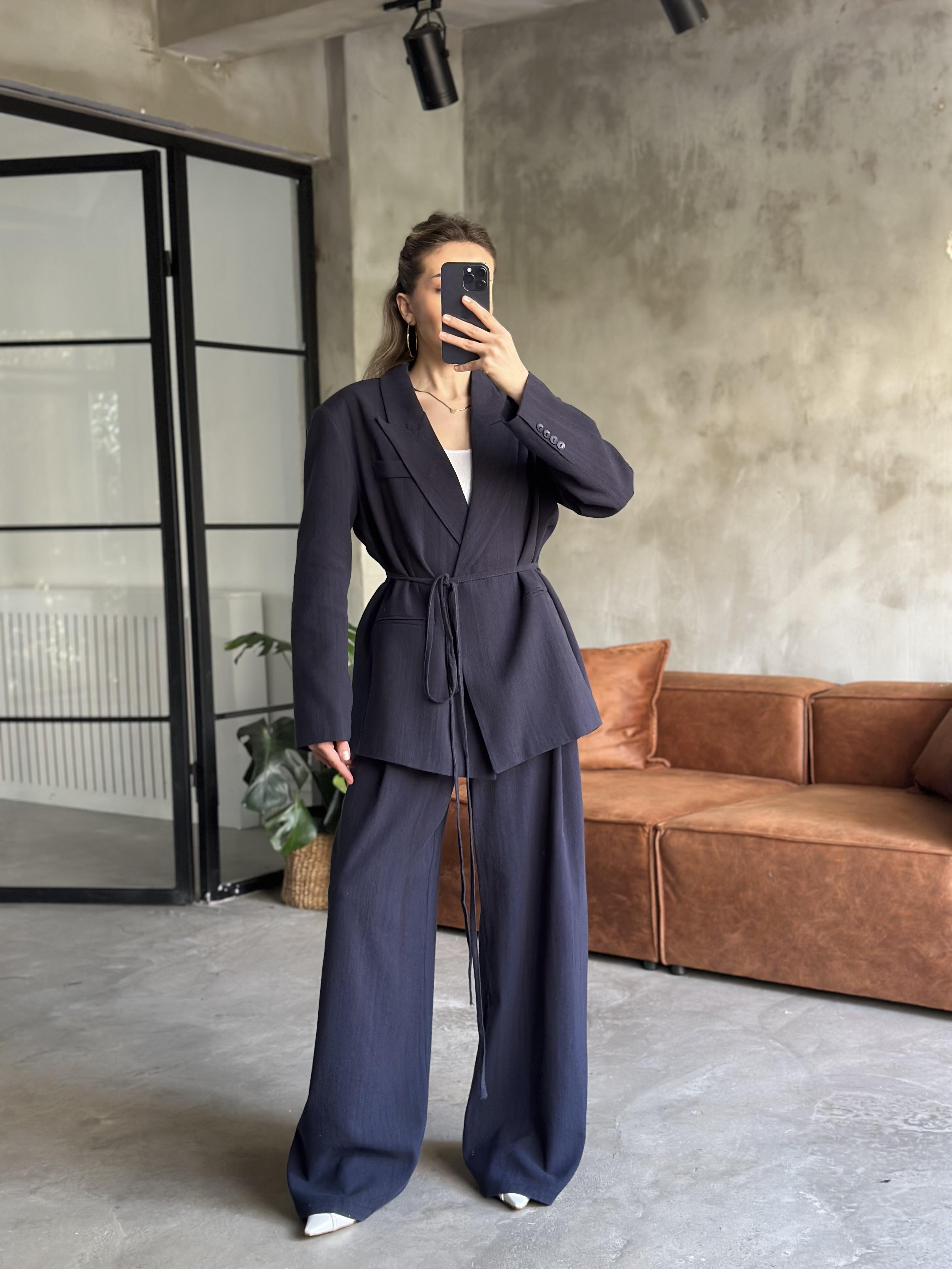 Keten Karşımlı Blazer Ceket Palazzo Pantolon Takım - Lacivert - Dominatrend