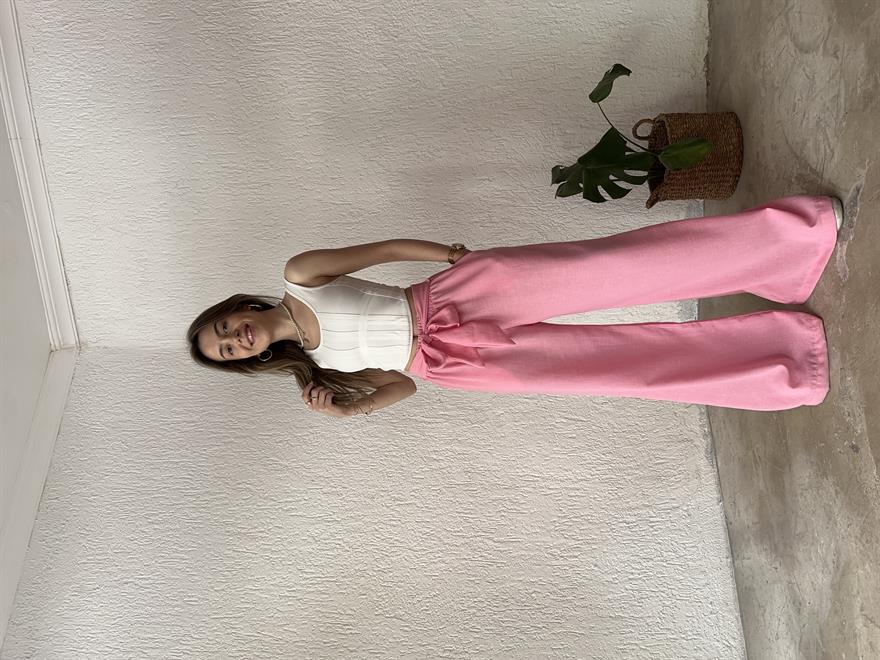 Keten Salaş Kuşaklı Pantolon - Pembe - Dominatrend