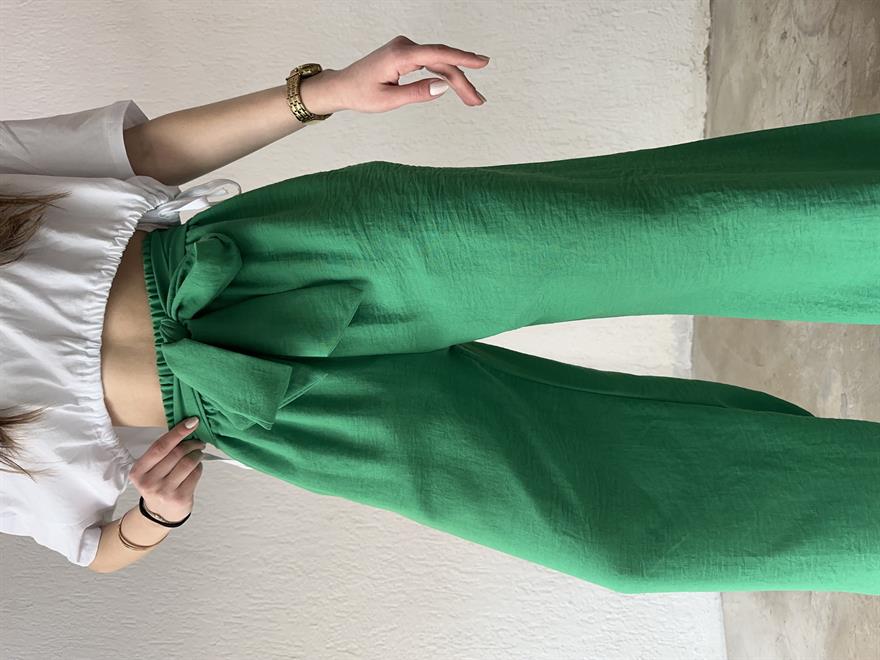 Keten Salaş Kuşaklı Pantolon - Yeşil - Dominatrend