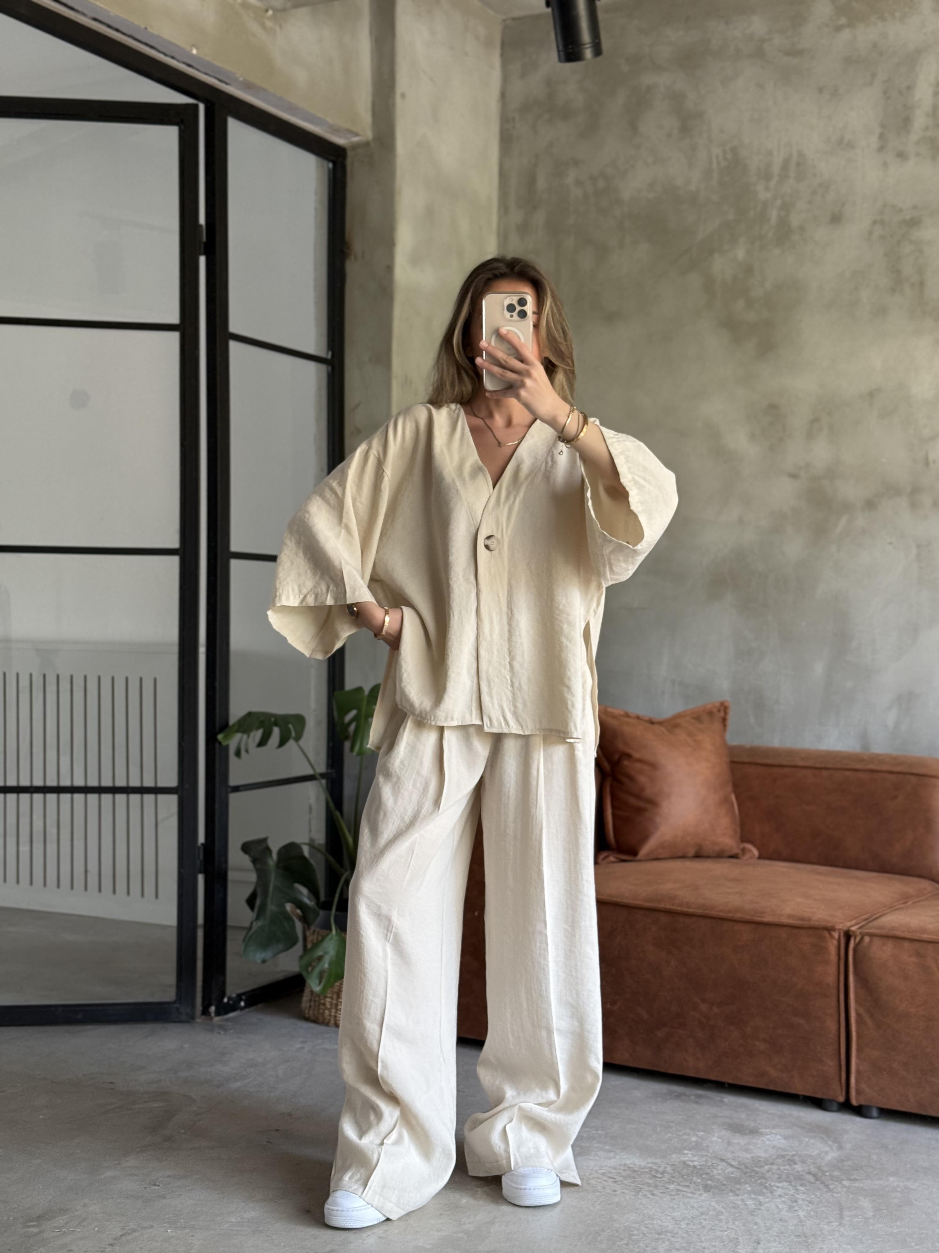 Krem Premium Tensel Oversize Takım - Dominatrend