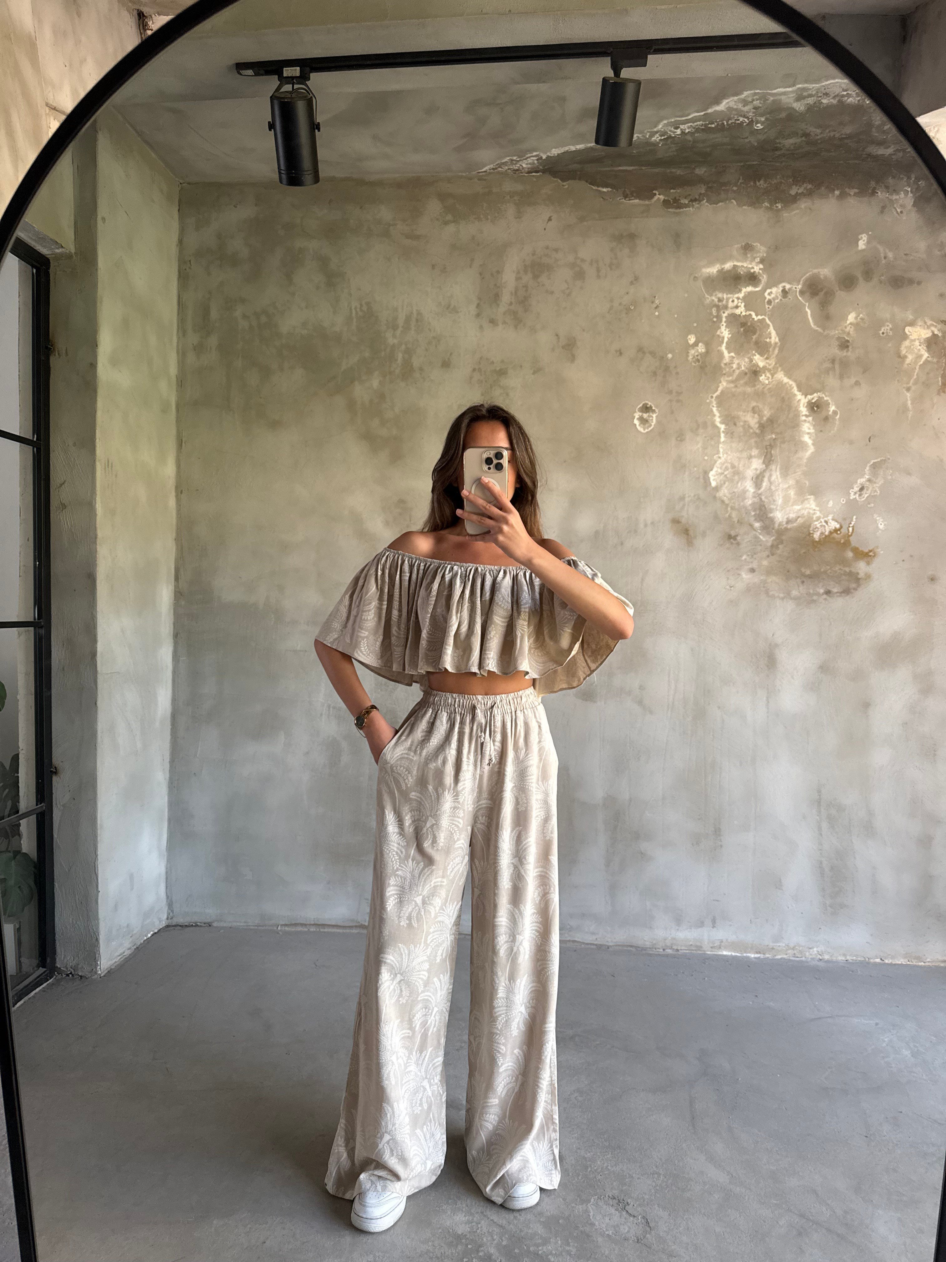 Madonna Yaka Desenli Keten Takım - Krem - Dominatrend
