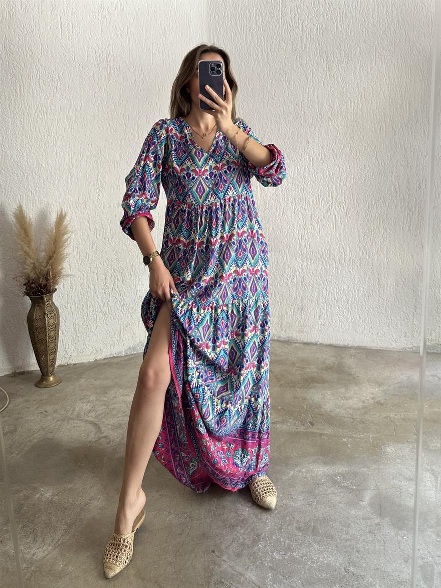 Maxi Desenli Pamuklu Elbise - Pembe - Dominatrend