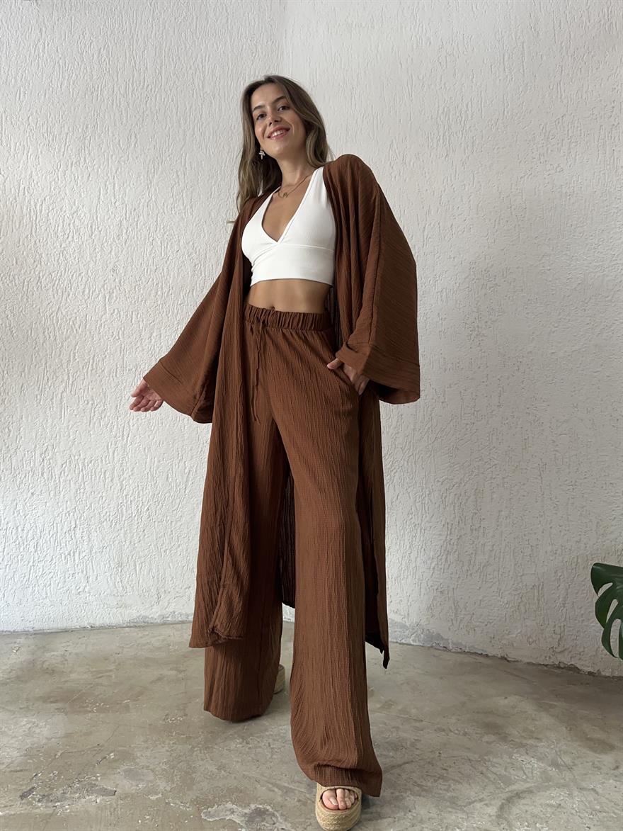 Maxi Kimono Gofre Takım - Kahverengi - Dominatrend