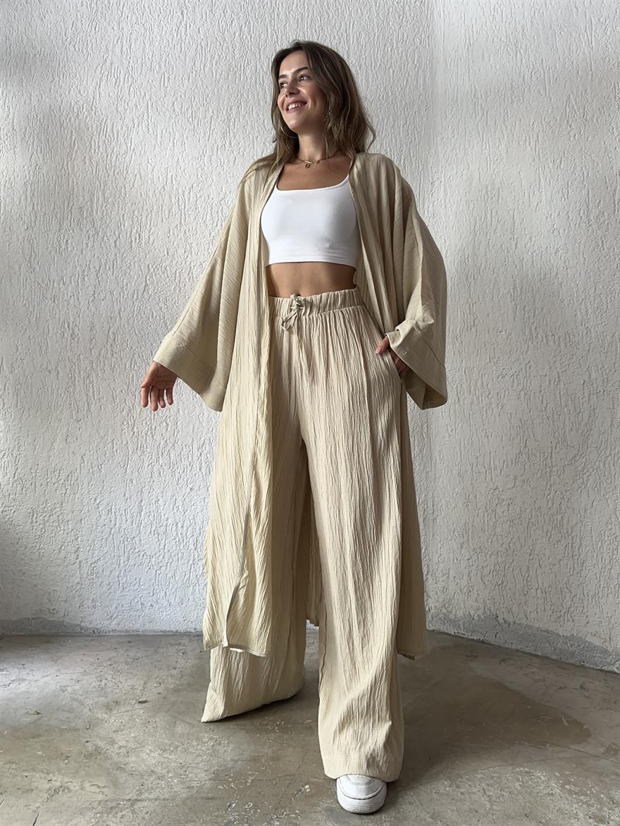 Maxi Kimono Gofre Takım - Krem - Dominatrend