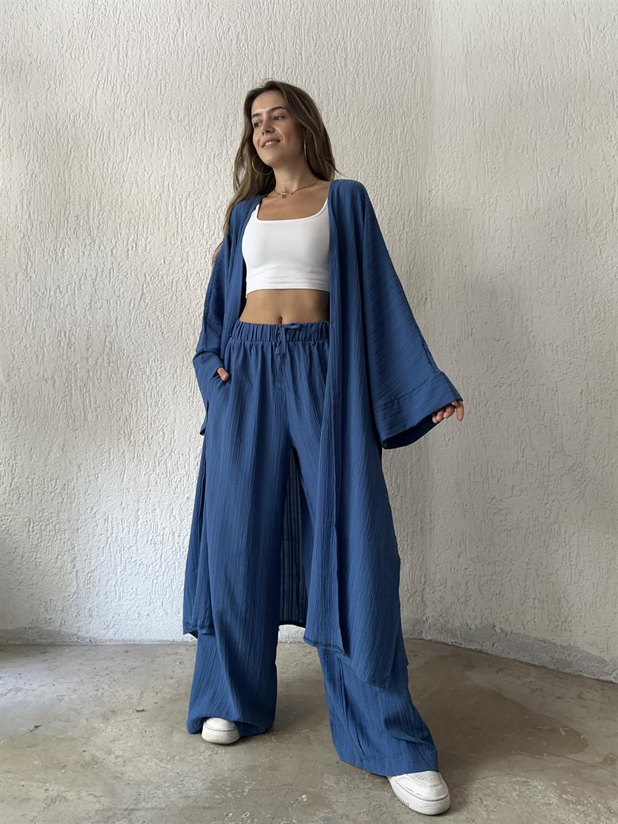 Maxi Kimono Gofre Takım  - Lacivert - Dominatrend